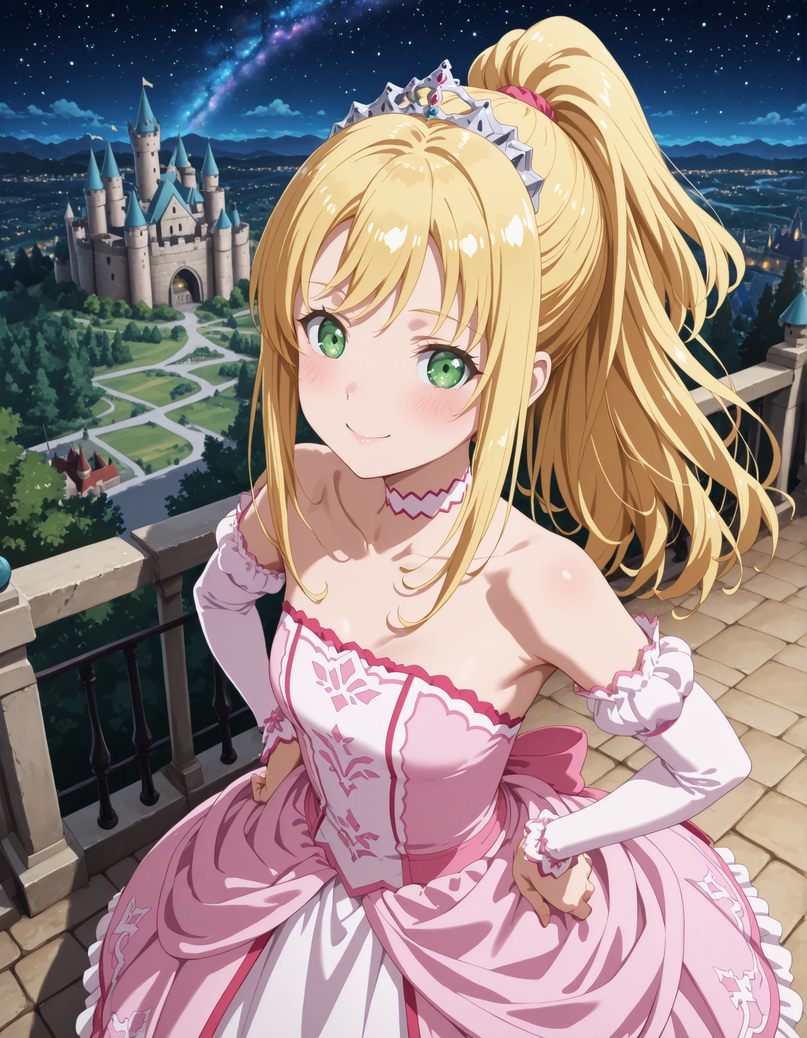 1girl, solo, smile, looking at viewer, blurry background, from above, hand on own hips, smile, blush, ((liliana heiligh, blonde hair, long hair, ((ponytail)), green eyes, tiara, choker, bare shoulders, detached sleeves, pink dress, castle, )), outdoors, street, Dutch angle to the side, looking at viewer, smile, landscape,castle, cityscape, outdoors, nature, night, starry sky, galaxy