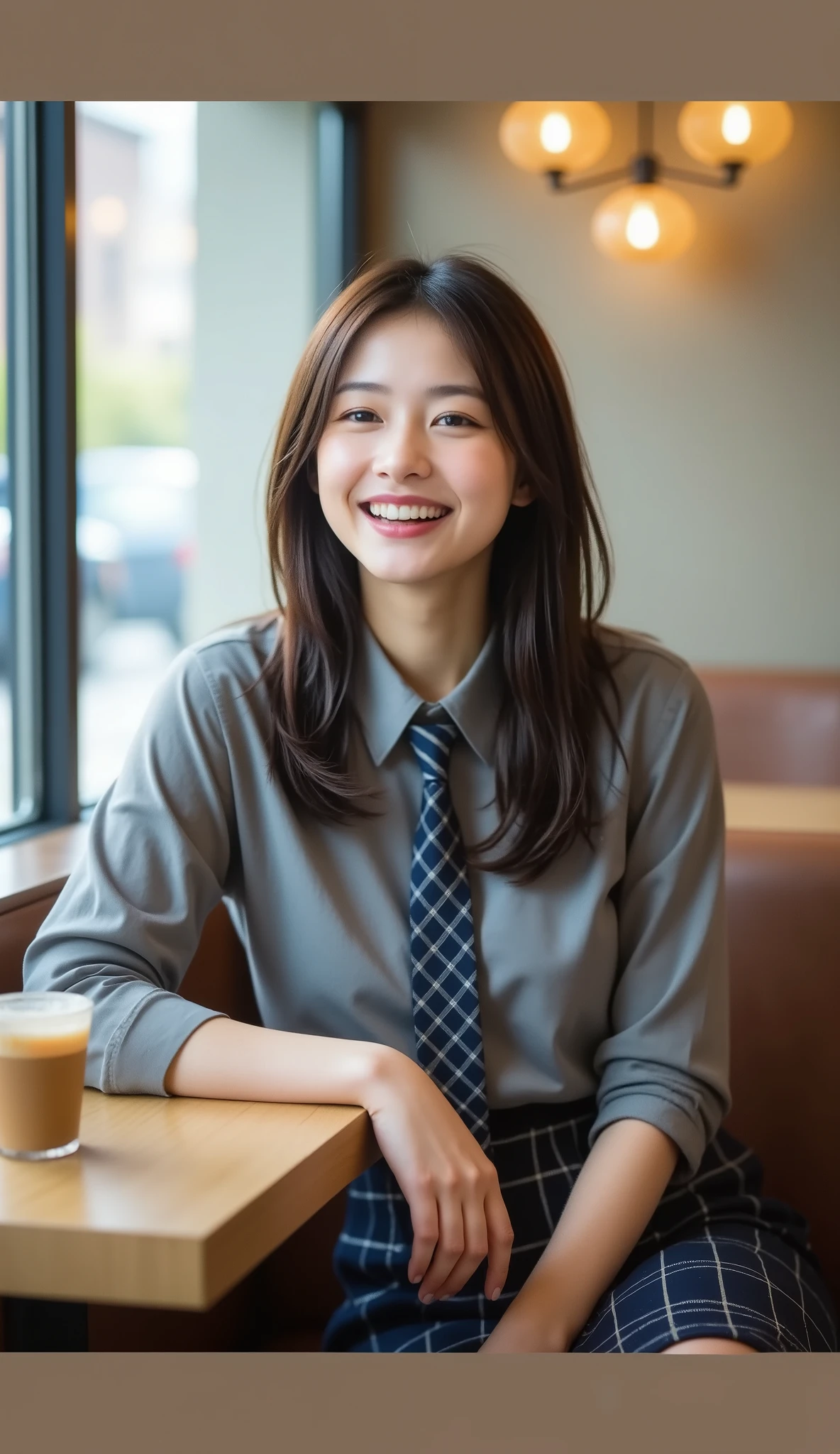  Perfect Composition ,  proper placement of office wear, Group of 4 tall high school students wearing black leather designer bags, Light on Face, JPMILF , Wife, masterpiece, Highest Quality, absolutely beautiful Japanese woman, beautiful Japanese woman in a cafe at dusk,  At a famous chain cafe ,  5 Anatomically Correct Fingers, famous urban high school uniform, gray dress shirt :1.21, line pattern tie:1.21, navy blue plaid pleated mini skirt:1.21, anatomically correct ratio :1.331, My Head Is Small  :1.331, slim body:1.331, thin waist:1.331,  Homeless girl with thin hands and feet :1.331,  flat chest:1.331, brown hair, long straight hair with lots of hair on the buttocks, smile, At dusk cafe seat,  The sunset shines :1.5, dramatic movie lighting, 
