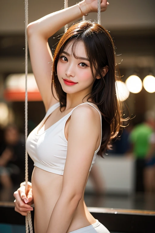 A very cute face like an idol、Looks like a young face、20-year-old female、Gentle and cute、A kind smile、In a blouse、(())、(((White )))、(((Lifting her skirt to show her )))、(((whole bodyの姿)))、Cleavage、A crowded bar、Cinema lighting、Natural light、whole body、Artistic、RAW Photos、Genuine、High quality that is indistinguishable from real life、realism、Real Stick、High resolution、masterpiece