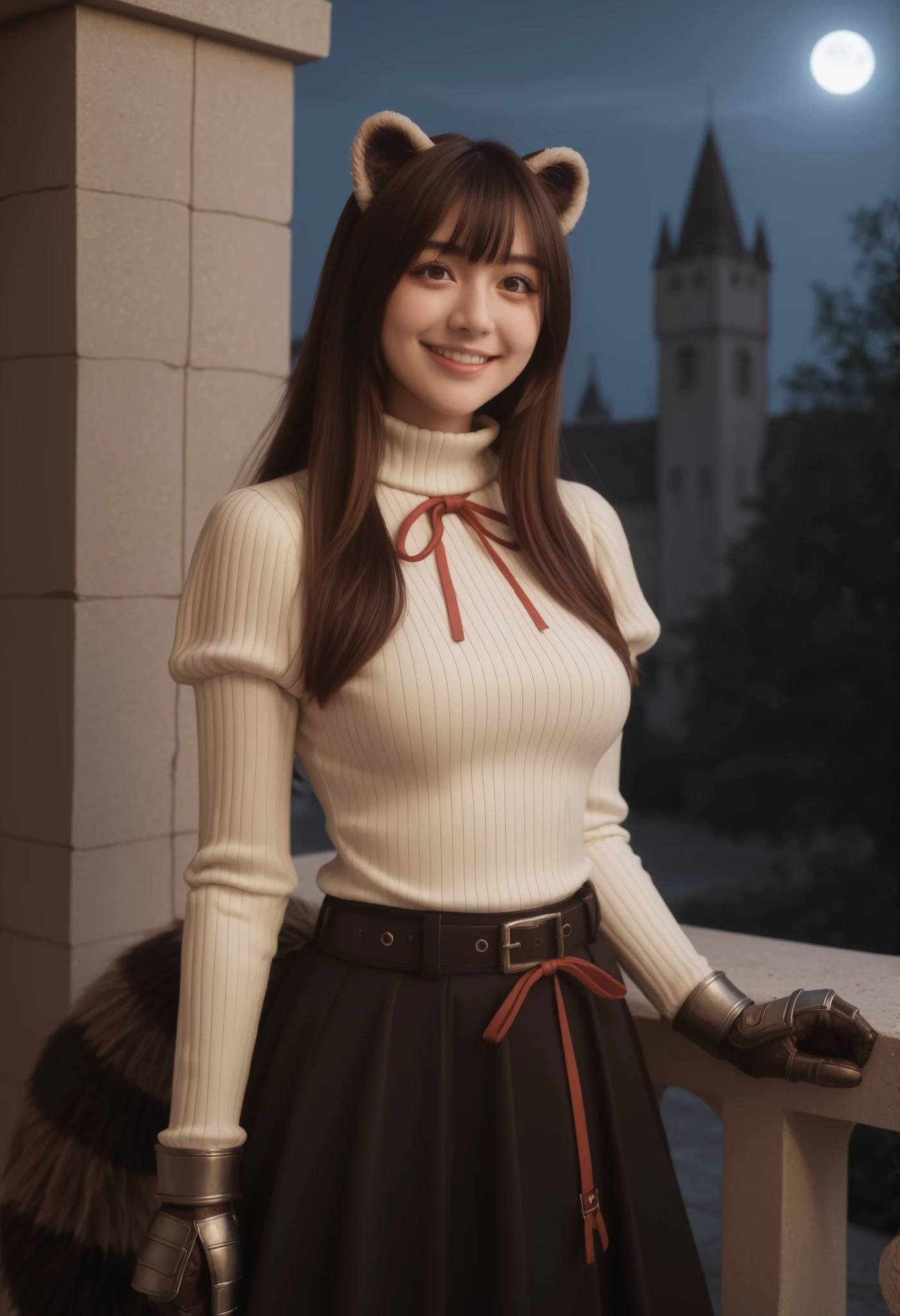 (Raftalia, long hair, Bang, brown hair, animal ears, raccoon ears, Raccoon Tail , raccoon girl, PinkEye, big boobs,),
Long Sleeves, sweater, ribbed sweater, puffy sleeve, breastplate, ribbon, red ribbon, gauntlet, gloves, brown glovess, belt, skirt, Armor,
,
watching viewers, smile, velvet skin,
Chapel, outdoors, night, moonlight, Seductive Body, stand up,
complex composition , detailed eyes, detailed text, ultra detail, masterpiece, Highest Quality, excellent quality, by saoif very aesthetic, realistic, photorealistic,