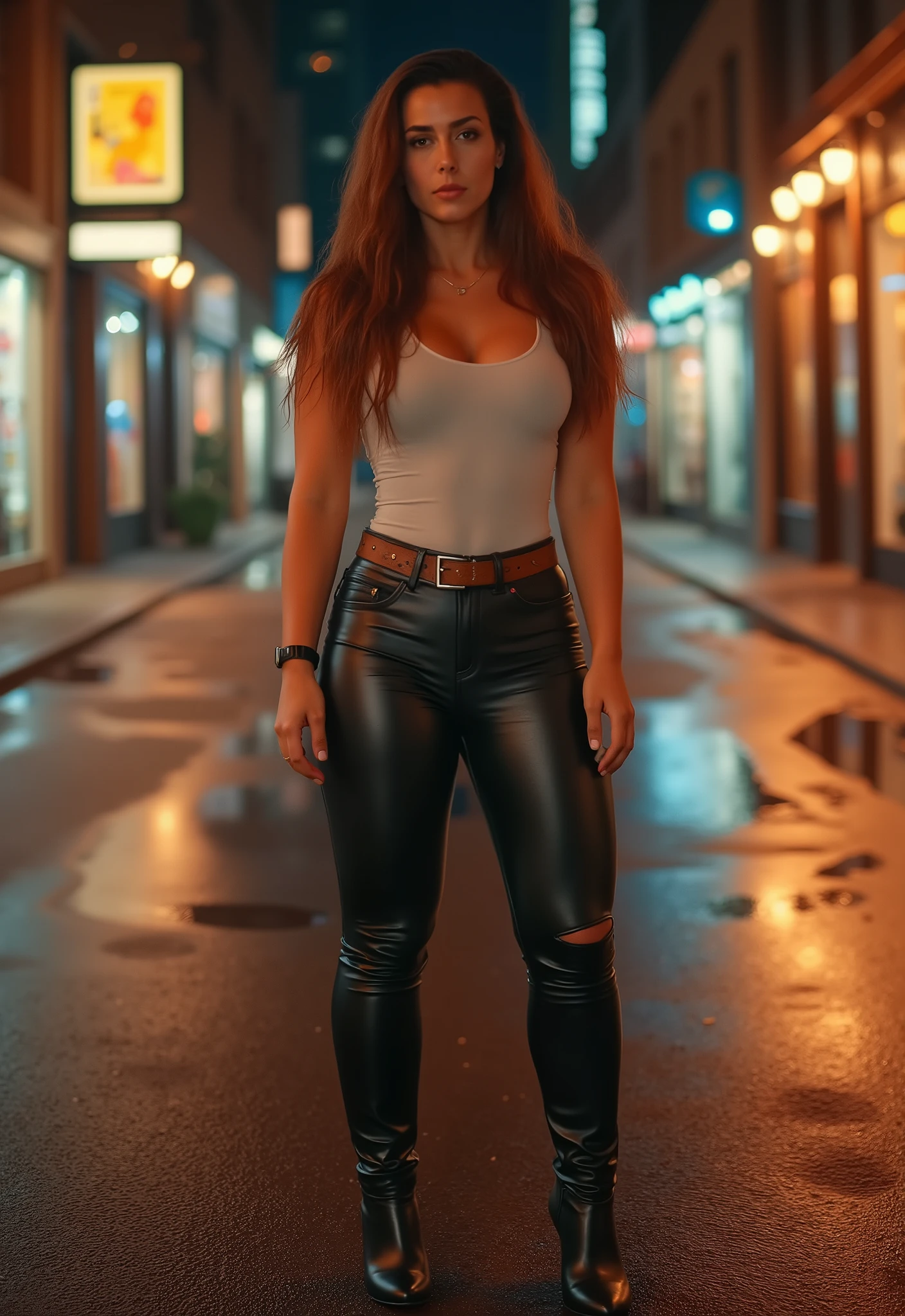 Photorealistic adult TikTok influencer woman (40+), beautiful and sensual; long wavy brown hair, brown eyes, red lips,
long graceful neck, slim waist, athletic wide shoulders. Outfit: tight leather pants, white sleeveless top,
wide brown leather belt, elegant high-heel shoes. Pose: subtle wide stance, one hand on hip,
the other gently touching her hair; playful, confident expression; soft eye contact with camera.
Setting: empty nighttime big-city street; wet asphalt with faint reflections, distant storefronts and streetlights.
Lighting & Look: low ambient light with soft streetlight key, mild rim from a side lamp; shallow depth of field,
creamy bokeh highlights in the background; cinematic color grade (cool blues with warm tungsten glints).
Camera & Quality: mid-length to full-body, slight low/eye-level mix, 50–85 mm look; eyes tack-sharp;
UHD, HDR, ultra-detailed textures (denim, leather belt, hair strands), crisp focus, editorial finish