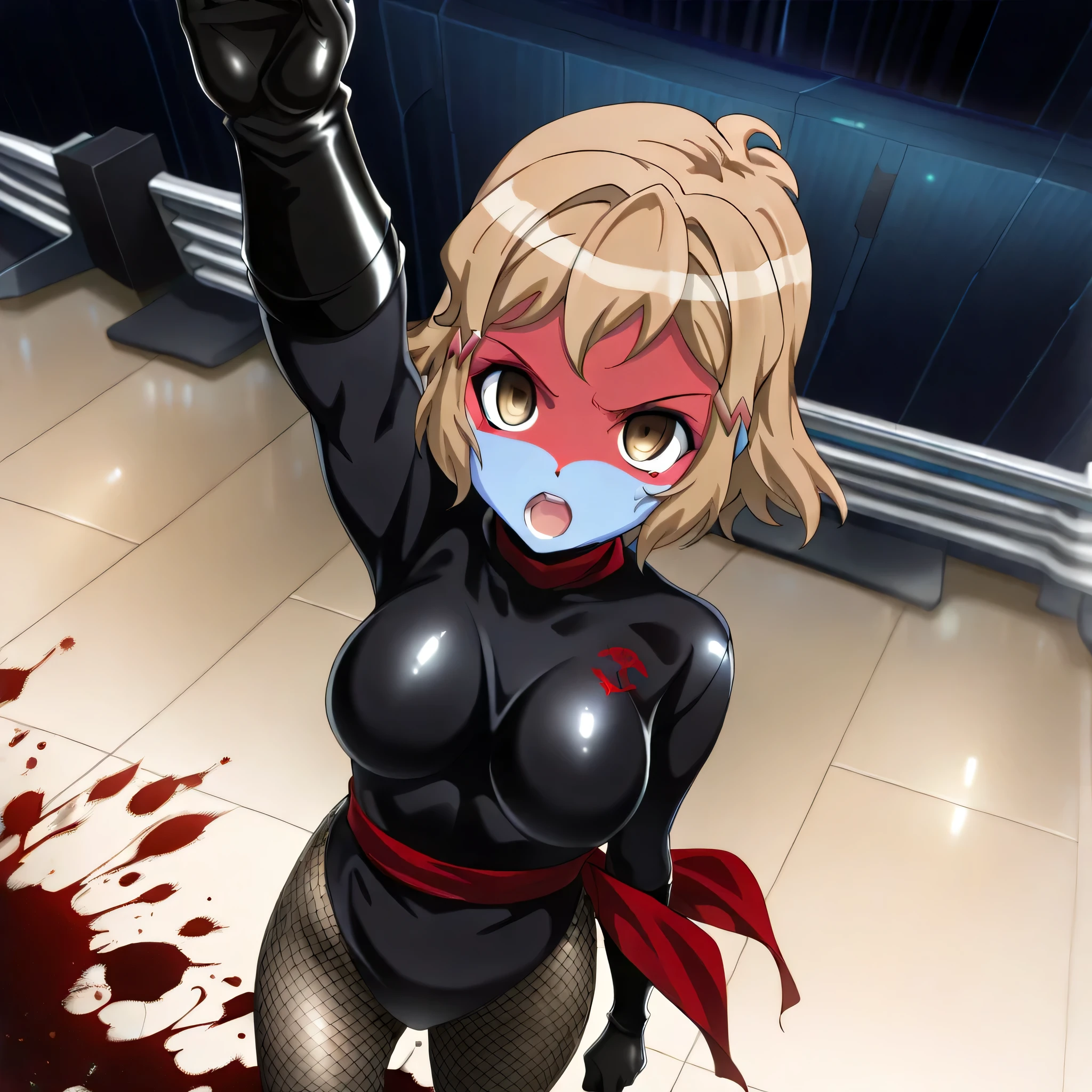 (((Masterpiece))), (((Best Quality))), ((Super Detail)), ultra-High resolution, score_9,score_8_up,score_7_up,score_6_up,score_5_up,score_4_up, BREAK, source_anime, anime screencap, uncensored, Masterpiece, (best shadow), (absurdres), (detailed background), (very aesthetic), detailed beautiful eyes, outstanding, an exquisite animation illustration, curvy, highres, shiny clothing, dark persona, empty eyes, blank eyes, shocker, black leotard, latex elbow gloves, brown fishnet pantyhose, blue skin, colored skin, red sash, makeup, red skin, (((solo, 1girl))), hair ornament, seductive pose, submissive pose, anime style, anime coloring, animification, megami magazine, sexy pose, dynamic angle, cinematic angle, dutch angle, medium breast, tachibanahibiki, short hair, hairclip, brown hair, hairclip, brown eyes, open mouth, serious, determined, proudly, salute, standing, standing at attention, standing still, looking ahead, shocker salute, hand up, arm up, speed line, motion line, powerful, roar, indoor, concert hall, chair, night, evening, dusk, night sky, looking from above, view from above, from above, blood splatter, gore