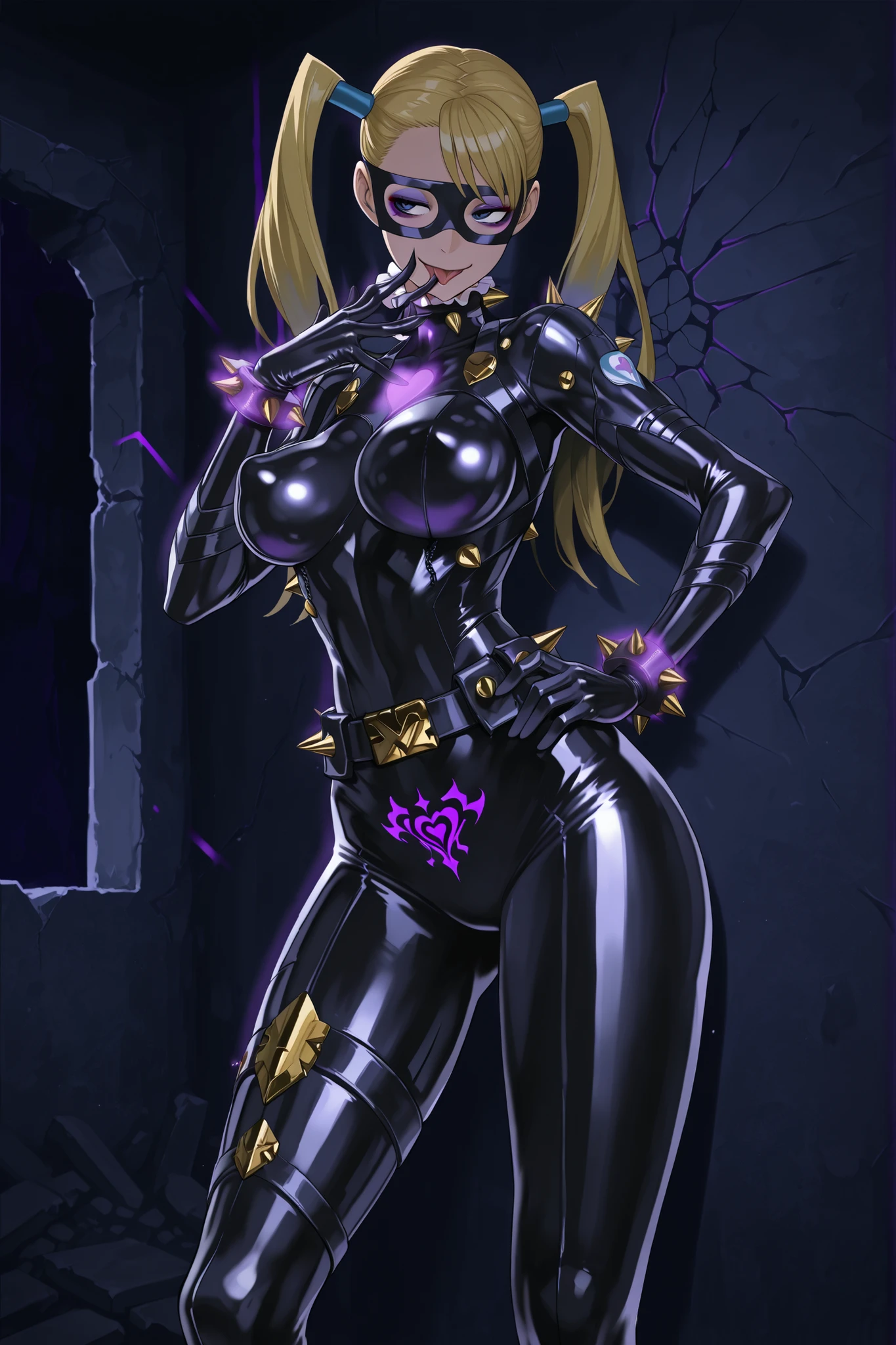 Rainbow Mika. Blonde hair. Twin tails hairstyle. Black eye mask. Villain eyeshadow. Purple eyeshadow. Sarcastic smile. Glossy. Black costume. Leather bodysuit. Spiked accessories. Metal armor. Leather harness. Purple glowing line. Latex gloves. Cartoon body. Perky breasts. Large waist. Detailed thighs. Thick legs. Massive legs. Crotch tattoo. Clawed gloves. Hand on hip. Licking fingers. Asymmetrical leg pose. Dark room. Ruins. Cracked wall. Concrete wall. Rebar.