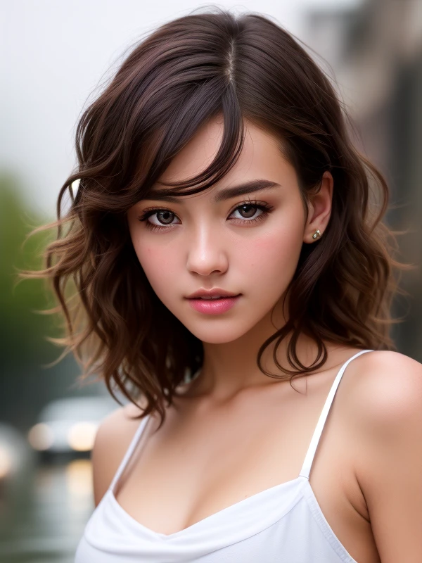 A girl holding a camera, 11 years old, Mix 4,(8k, original photo, best quality, masterpiece:1.2), (Practical, photo-Practical:1.37),1 Girl,Lovely,city View, night, rain, wet, Professional lighting, Photon Mapping, Radiosity, Physically Based Rendering, Gradient dark brown hair, Short curly hair, Handsome, Girlish feeling, White ball set, Excellent image quality, high resolution, 1080p, (Clear face), (Detailed facial description), (Detailed hand description), (masterpiece), (Exquisite CG), Extreme light and shadow, Messy hair, masterpiece, Rich details, (Exquisite facial features), (Highest image quality), (masterpiece), (Delicate eyes), Looking forward to your sight, Delicate clavicle