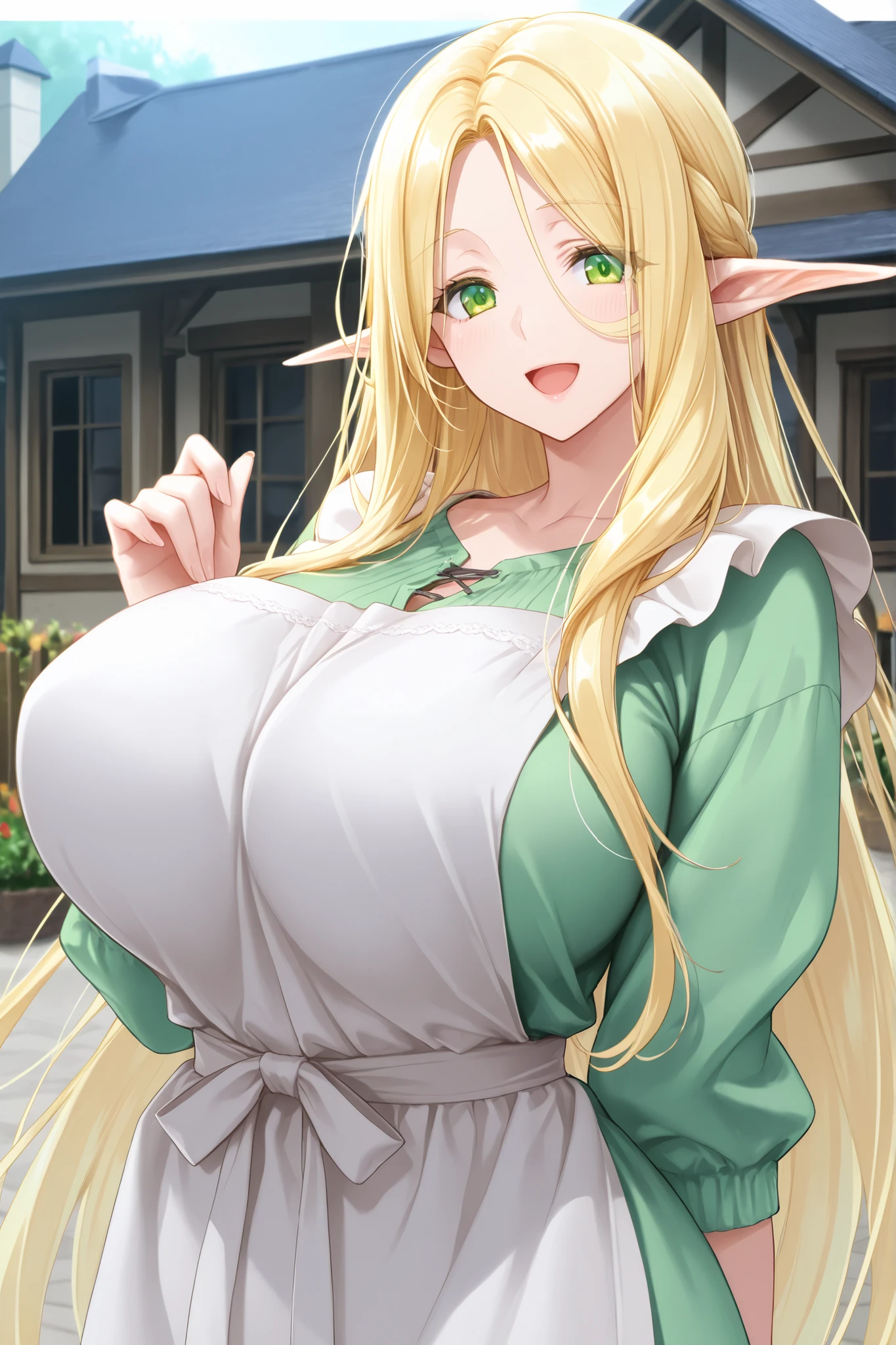 1 girl, very long hair, blond hair, green eyes, giant , elf, long ears, casual clothes, apron, house wife, happy, looking at viewer, 