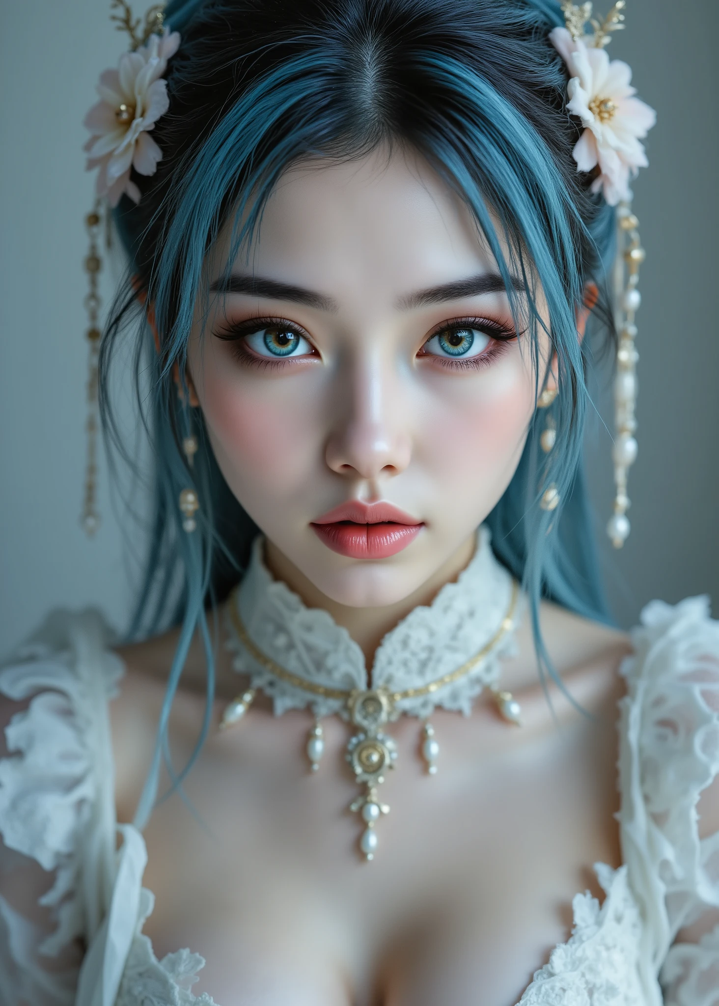 ultra high definition, high definition, high definition, 24K Video Quality. Woman、beautiful, aqua blue eye , depicts a lovely 16 year old Japanese girl. She wears a pearly white latex suit that fits her body perfectly I will, The latex suit is decorated with bright dragons and other mythical elements, Toned Legs, A blue-purple and silver ponytail、with a decorative belt at the waist。. The overall atmosphere is very elegant、.. adds depth and cultural context. A beautiful and powerful Woman, adds mystery and artistic expression.