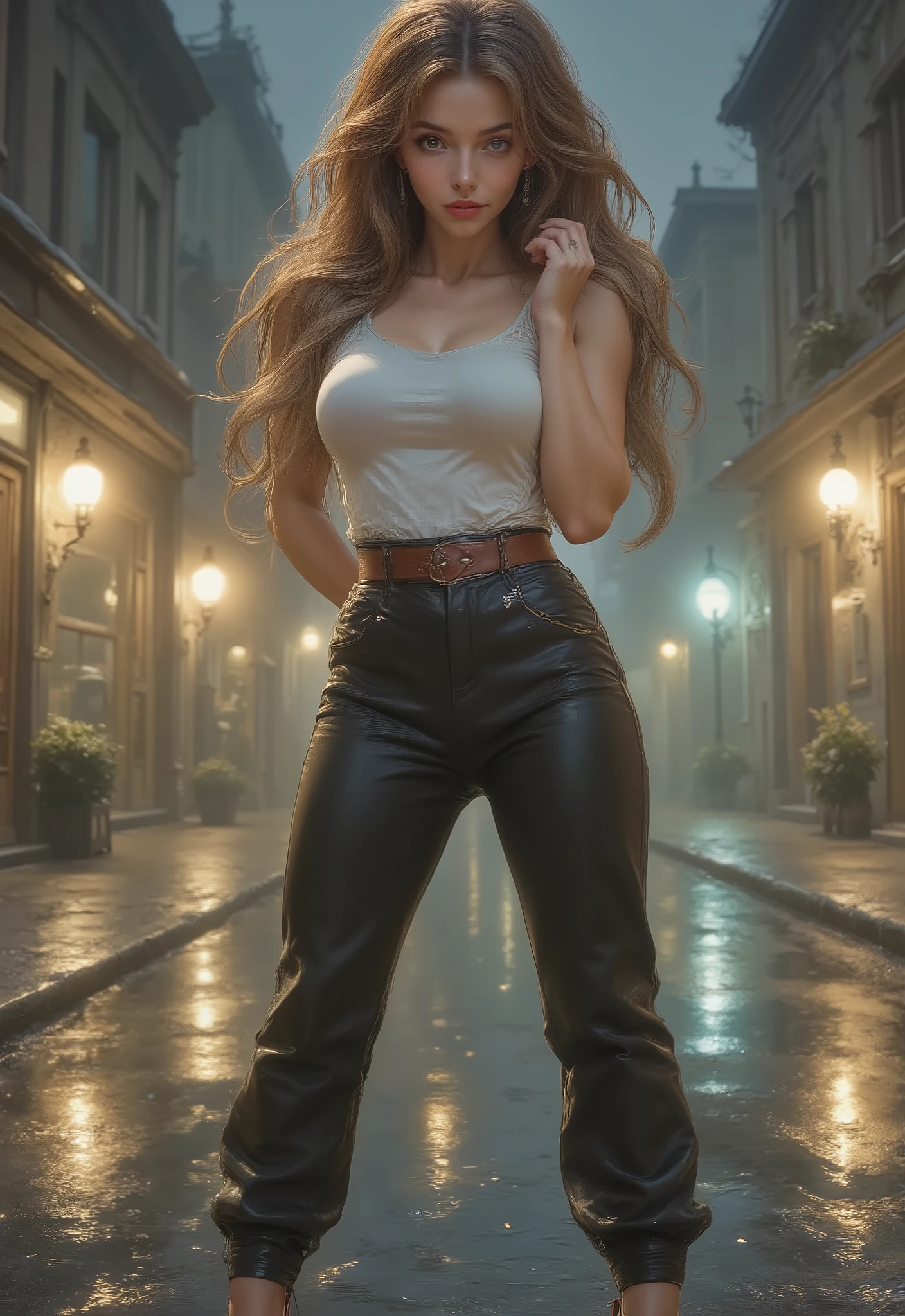 Photorealistic adult TikTok influencer woman (18+), beautiful and sensual; long wavy brown hair, brown eyes, red lips, long graceful neck, slim waist, athletic wide shoulders. Outfit: tight leather pants, white sleeveless top, wide brown leather belt, elegant high-heel shoes. Pose: subtle wide stance, one hand on hip, the other gently touching her hair; playful, confident expression; soft eye contact with camera. Setting: empty nighttime big-city street; wet asphalt with faint reflections, distant storefronts and streetlights. Lighting & Look: low ambient light with soft streetlight key, mild rim from a side lamp; shallow depth of field, creamy bokeh highlights in the background; cinematic color grade (cool blues with warm tungsten glints). Camera & Quality: mid-length to full-body, slight low/eye-level mix, 50–85 mm look; eyes tack-sharp; UHD, HDR, ultra-detailed textures (denim, leather belt, hair strands), crisp focus, editorial finish