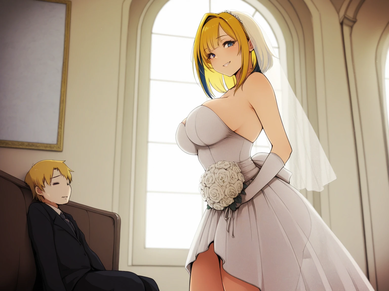 Photo of a hot and sexy tall busty BLONDE bride with a small son (Shota) having sex in a church , A nine-year-old boy penetrating and holding Bride grabbing her chest in the church , son penetrating her with his erection (agarrar) ((agarrar el pecho)), Sexy Bride in mini dress in church showing her tits, Modelo Mujer Latina Alta novia hermosa , La mejor calidad, ojos expresivos, Cara perfecta, sexy bride and her little son having sex in church , Son penetrating topless mom bride  with his erection , Mom bride topless in the church wet and moaning