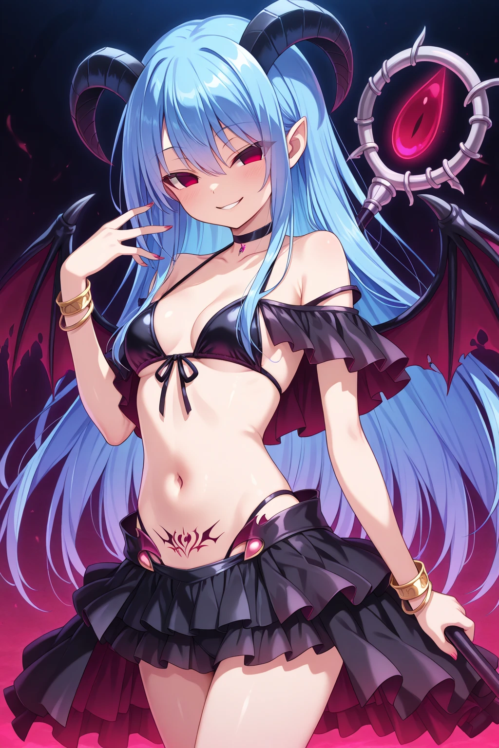 NSFW,masterpiece,Highest quality,High resolution,Very detailed,white\(no game No life\),Small breasts,Multicolored Hair,Gradient Hair,Long Hair,Bad smile,blush,heart,(Succubus),Devil horns,(tail),(wing),High-quality black frill dress,leotard,Fishnet tights,Sexy pose