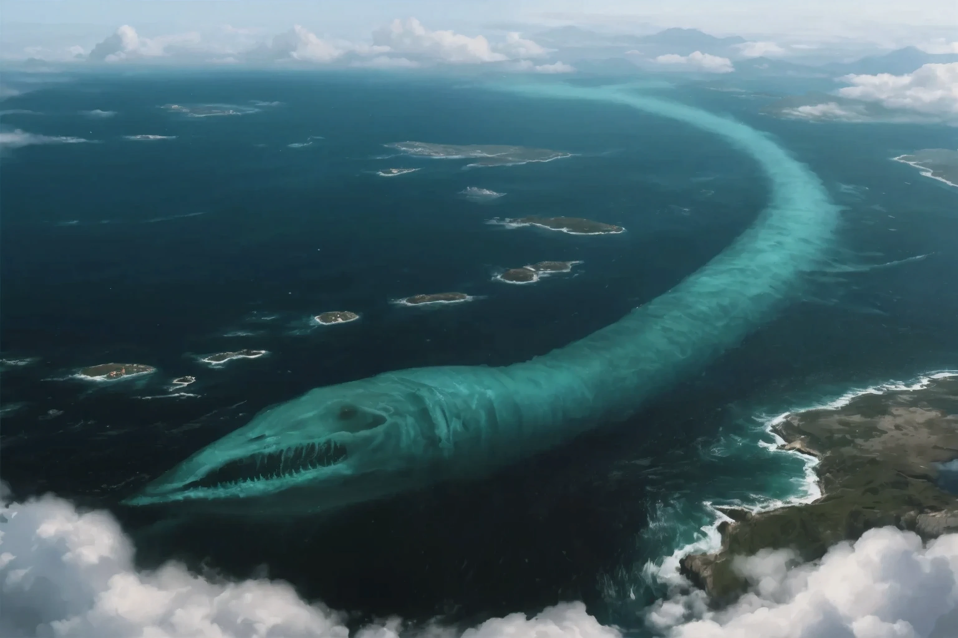 is absurd, (is absurdное разрешение), masterpiece, best quality, Ultra-detailed, 8K UHD, extremely detailed, unrealistic , aerospace footage of the ocean from an orbital height, a giant silhouette of an unknown creature tens of kilometers long appears through the ocean waters, of a larger archipelago of islands, The colossal creature is completely hidden under water, only a change in the color and texture of the water reveals its presence, A large-scale panoramic composition, realistic style of geographic photography, unrealistic fantasy style. swims from top to bottom and from right to left. lots of clouds in the foreground. Gloomy shot, darkrain.