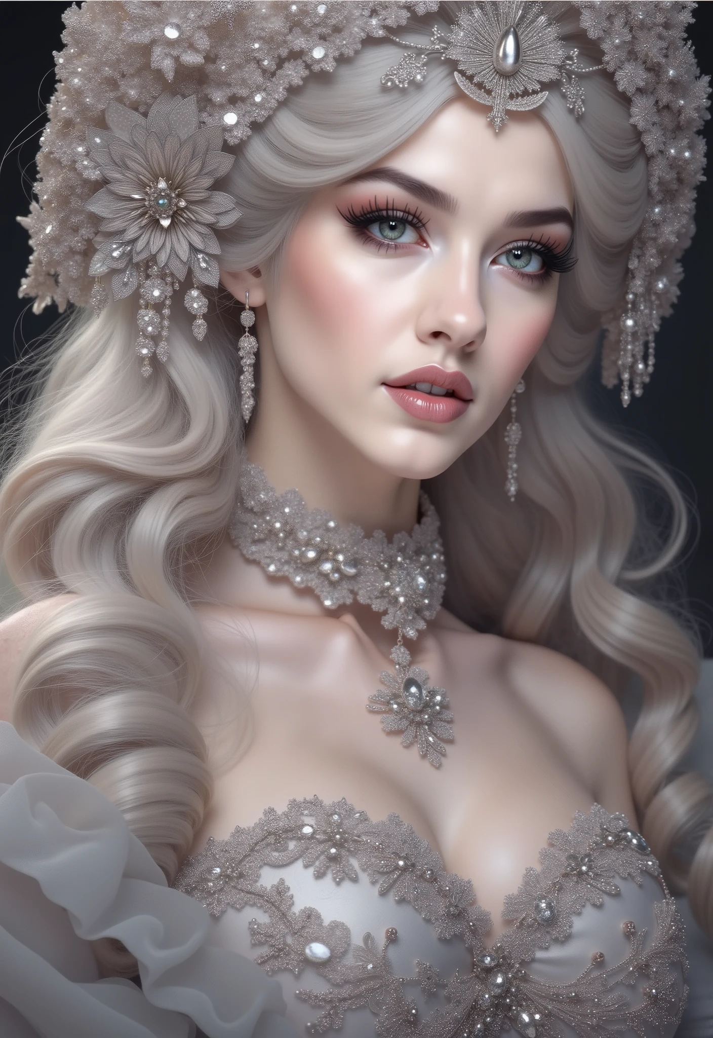 Madame of the French court,Rococo fluffy skirt,(Extremely Delicately Beautiful:1.2),8K,(tmasterpiece:1.0),(Best_quality:1.0),1girll,Mature woman,Complicated details,enlarged textures,Complicated details,Fine eyes and detailed face,Complicated details,(Keep one's mouth shut),perfect eyes,Equal eyes,Perfect body,extremely detailed nipple,Extremely realistic 3D,Raised sexy,brunette color hair,((Very detailed eyes))heal,Delicate eyeliner。long eyelasher,greene eyes,Black pupils,There is starlight in the eyes,Delicate lip detailing,Oil painting quality,Thick painting style,Fantasy Forest,Candy Cottage