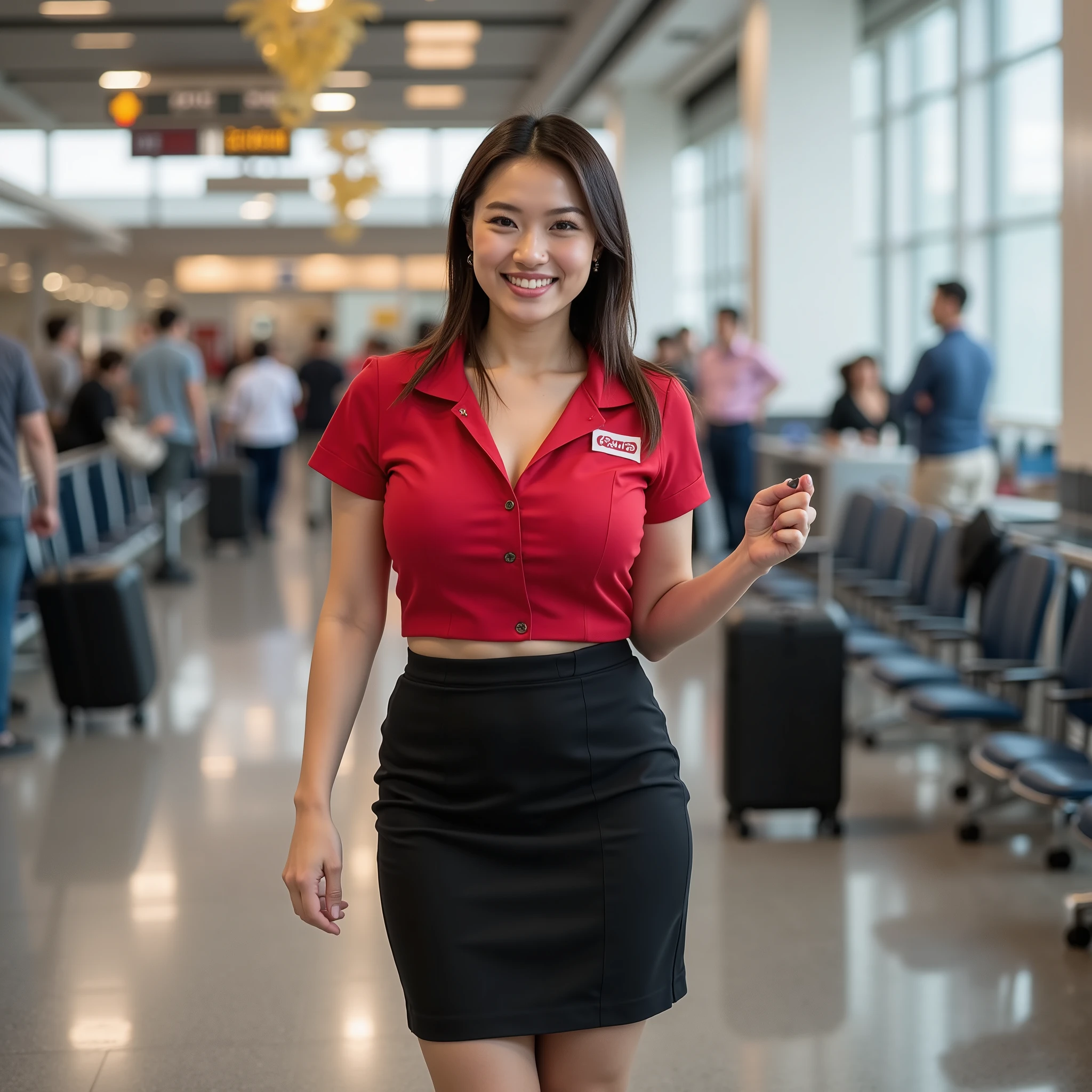 『has a different face and hairstyle2people、日本people、1peopleはショートヘアー、Unprocessed Photo、美peopleではない普通の女性、realistic skin、no makeup、looking at the camera、smiling:1.9』『Saggy Eyes、round face、real photo:1.3』Highest Quality:1.2、((saggy breasts))、((30 year old woman))、((顔が違う2people、髪型も違う2people))((Smiling with teeth showing:1.3))、(((is anatomically correct、perfect anatomy、is anatomically correct指)))、Realistic, Highest Quality, super high resolution on a pile, RAW photo, (full body shot、thin waist:1.5)、 ( Realistic), Live Action realistic Depiction, 実在のpeople物, (((( realistic Depiction)))), Highest Quality, realistic, score_9, score_8_up, score_7_up, score_6_up, ( hyperphotorealism), Clear focus, ((( Real Skin Texture))), natural skin radiance, very detailed skin, Beautiful Fine Face, detailed facial expressions, beautiful eyes, dark brown hair, ( Curvy Body, big boobs:1.1, big ass:1.1), とても美しい日本people熟女, 女性1people, (( 40代の日本people女性, 40 year old face, intellectual beauty)), flight attendants everywhere, (( Airline Uniforms, uniform jacket, blouse, skirt, Panty Stockings)), (( Inside a huge airport, Standing Poses, carrying a carry-on bag inside a huge airport, watching viewers, Natural Lighting))