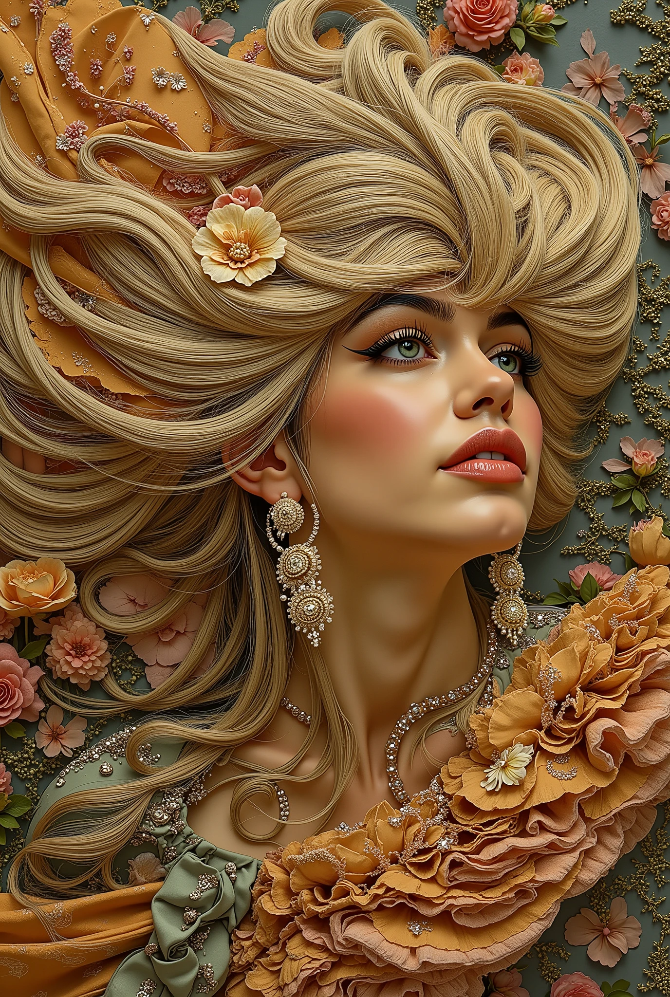 Madame of the French court，Rococo fluffy skirt，（Extremely Delicately Beautiful：1.2），8K，（tmasterpiece：1.0），（Best_quality：1.0），1girll，Mature woman，Complicated details，enlarged textures，Complicated details，Fine eyes and detailed face，Complicated details，（Keep one's mouth shut），perfect  eyes，Equal eyes，Perfect body，extremely detailed nipple，Extremely realistic 3D，Raised sexy，brunette color hair，（（Very detailed eyes））heal，Delicate eyeliner。long eyelasher，greene eyes，Black pupils，There is starlight in the eyes，Delicate lip detailing，Oil painting quality，Thick painting style，Fantasy Forest，Candy Cottage