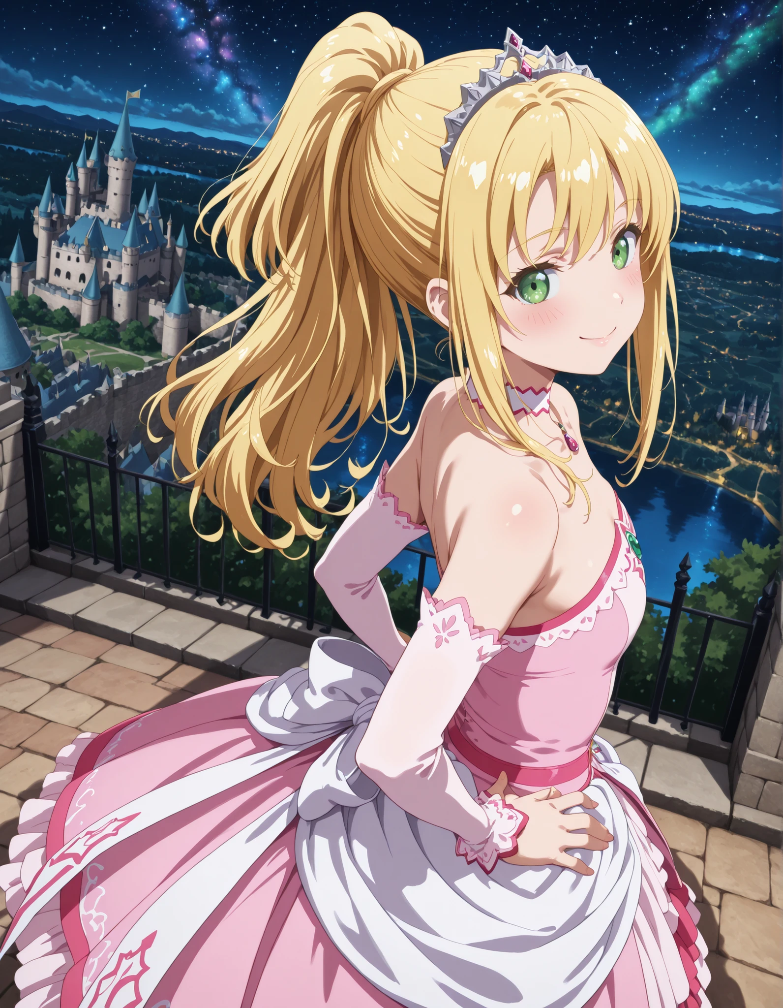 1girl, solo, smile, looking at viewer, blurry background, from above, hand on own hips, smile, blush, ((liliana heiligh, blonde hair, long hair, ((ponytail)), green eyes, tiara, choker, bare shoulders, detached sleeves, pink dress, castle, )), outdoors, street, Dutch angle to the side, looking at viewer, smile, landscape,castle, cityscape, outdoors, nature, night, starry sky, galaxy