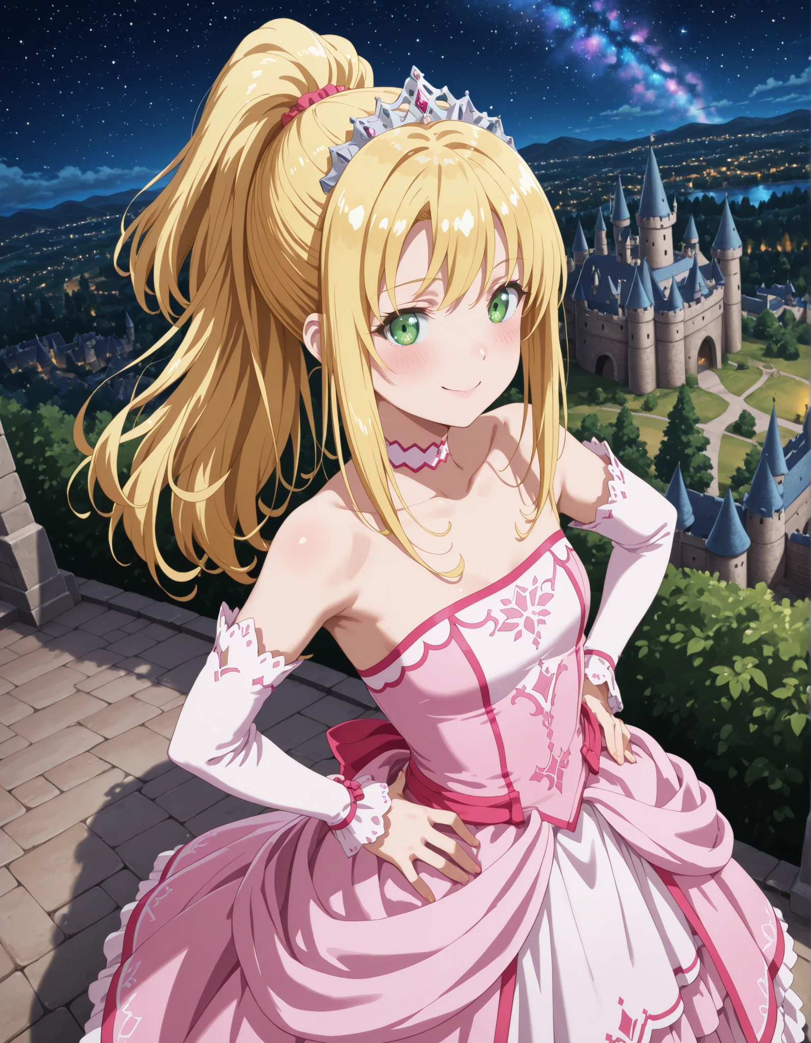 1girl, solo, smile, looking at viewer, blurry background, from above, hand on own hips, smile, blush, ((liliana heiligh, blonde hair, long hair, ((ponytail)), green eyes, tiara, choker, bare shoulders, detached sleeves, pink dress, castle, )), outdoors, street, Dutch angle to the side, looking at viewer, smile, landscape,castle, cityscape, outdoors, nature, night, starry sky, galaxy