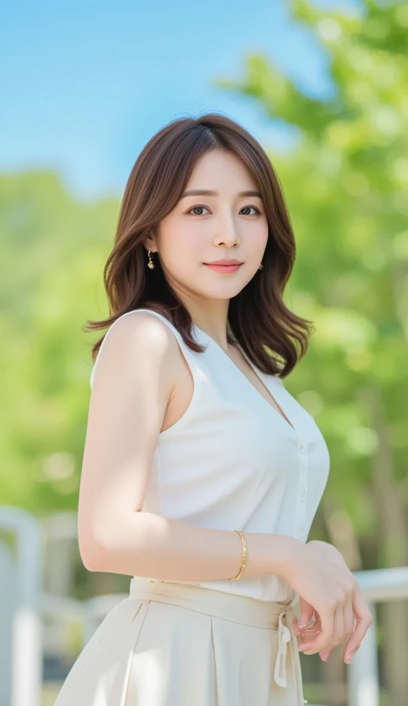 A close up of a woman in a dress standing in front of a tree - SeaArt AI
