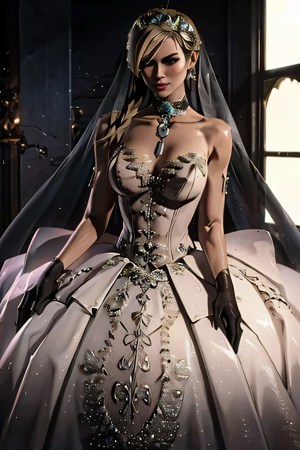 Cassie MK, hair between eyes, ahoge, blonde hair, star \(symbol\), hair ornament, ruffled tulle dress, cleavage, bare shoulders, collarbone, long black elbow gloves, black gloves, black dress, black choker, strapless, tiara, veil, strapless dress, princess dress, veil, beautiful woman, perfect body, perfect breasts, wearing a princess dress, ball gown, in the park trees, wedding decorations, a warm smile, realism, masterpiece, textured skin, super detail, high detail, high quality, best quality, 1080p, 16k