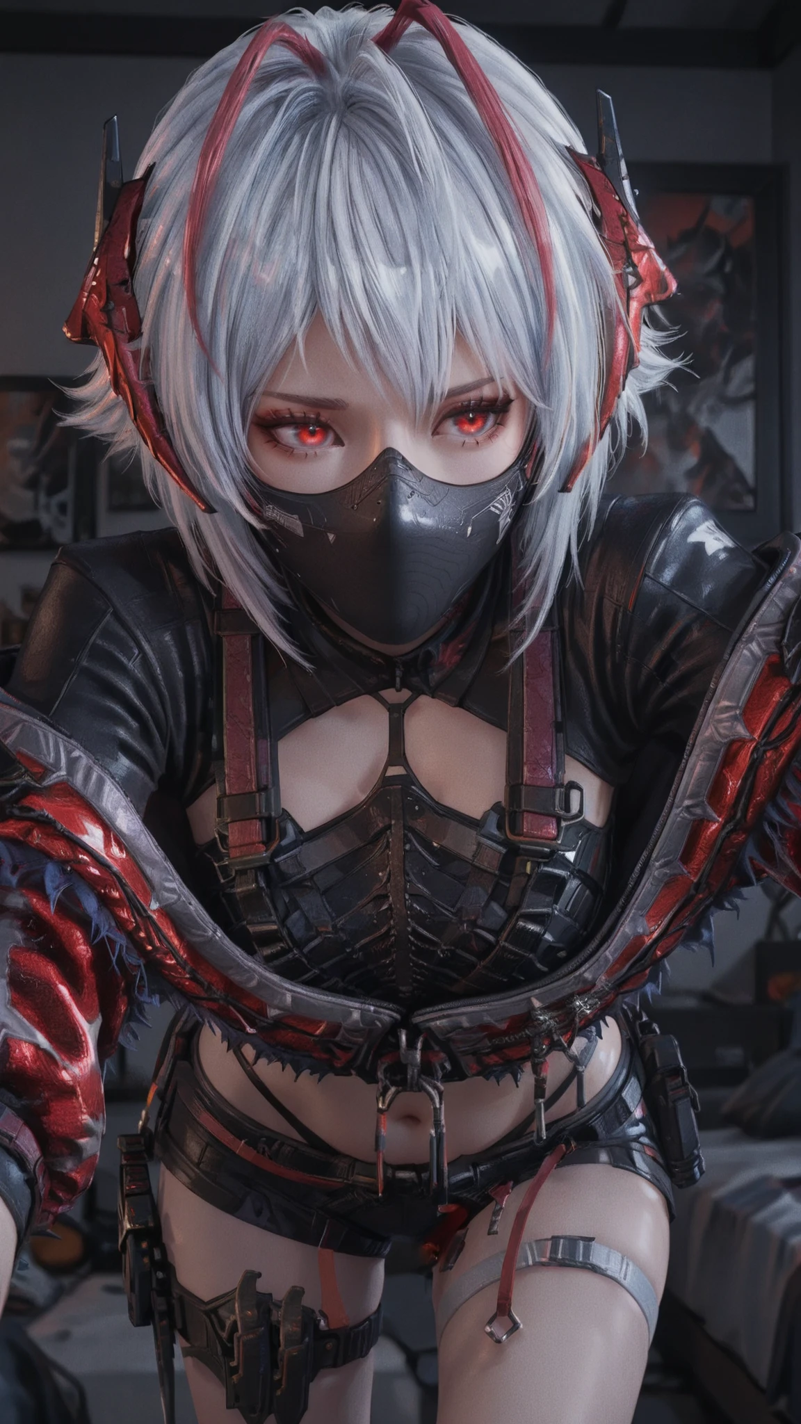 maixiaowenew,1girl,solo,short hair,mask,mouth mask,w \\(arknights\\),horns,jacket,red eyes,grey hair,antenna hair,white hair,fingerless gloves,black shorts,midriff,navel,thigh strap,crop top,Close-up portrait , bedroom ,Face close-up