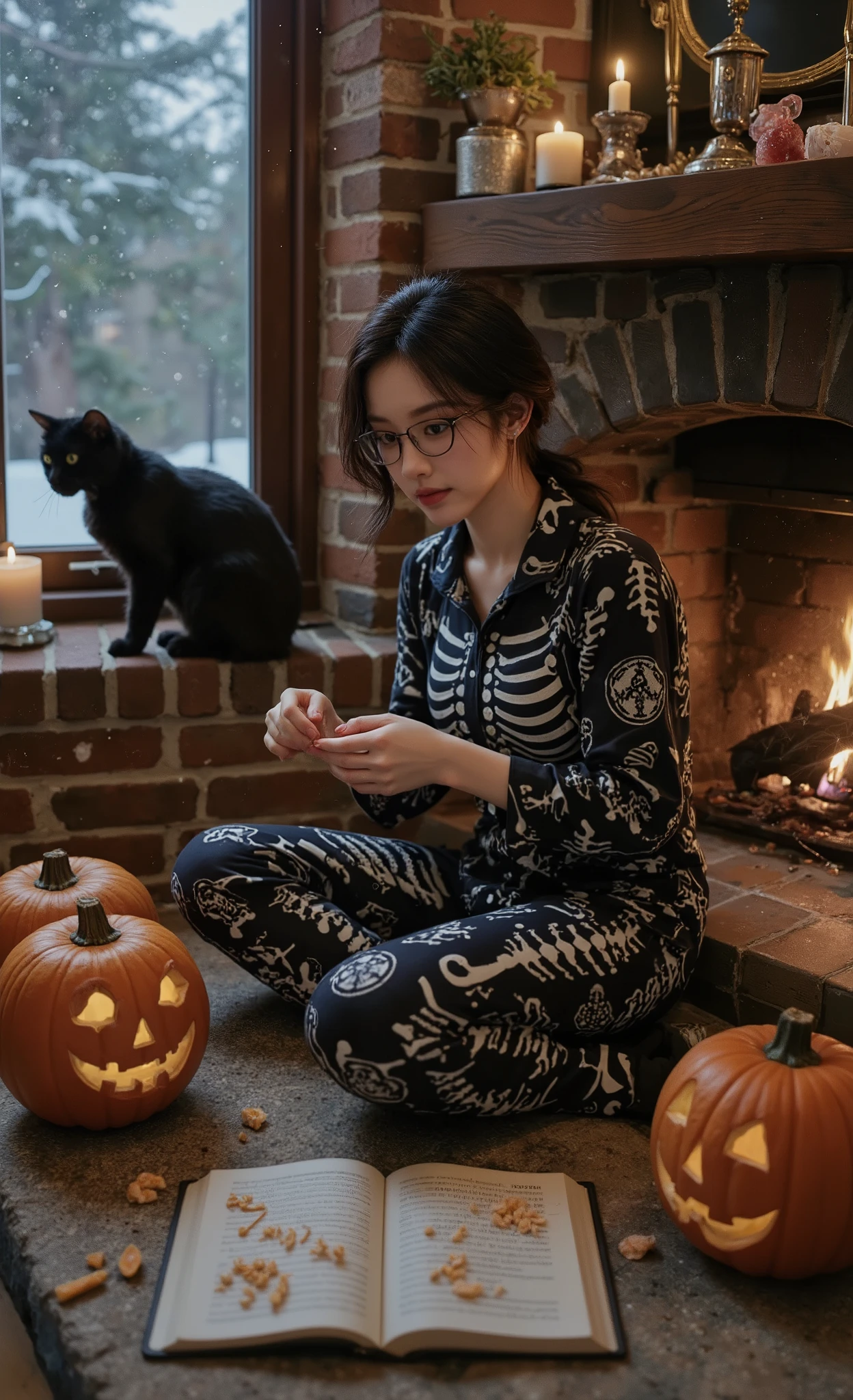 8K resolution, photorealistic, finely detailed, teenage girl with dark curly hair and glasses, wearing skeleton-patterned onesie pajamas, sitting on hearth of large brick fireplace during Halloween blizzard, carving pumpkin seeds into magical symbols as part of Halloween ritual with serious expression, firelight creating golden highlights on skin, surrounded by Halloween altar with candles, crystals, and small offerings, spell book open beside her, carved pumpkins of varying sizes arranged in semicircle, storm visible through frost-edged windows emphasizing isolation and coziness, black cat watching attentively from nearby pillow, atmosphere blending witchy Halloween practices with winter storm protection