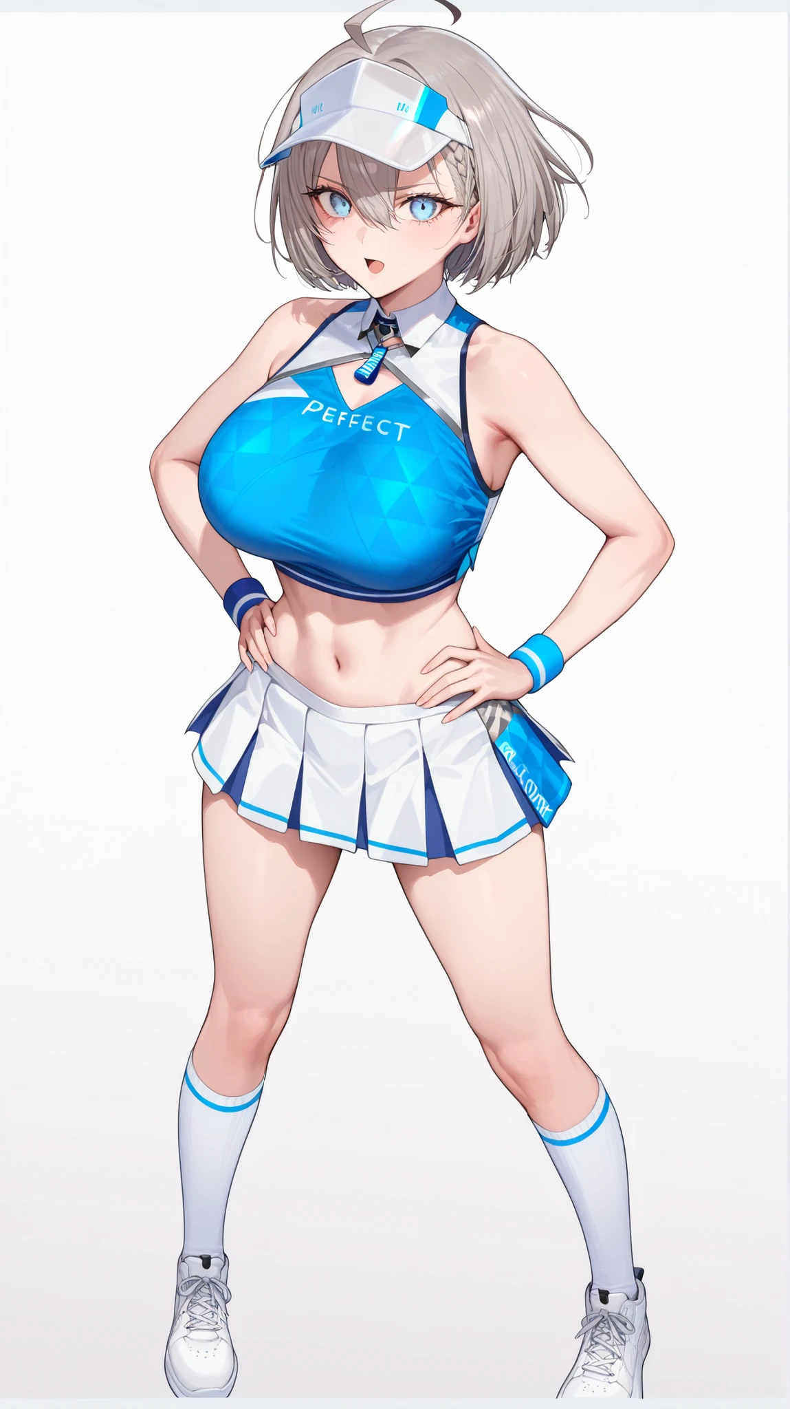 1girl, solo, anime girl, elegant, badass, baltimore, masterpiece, very aesthetic, grey hair, ahoge, short hair, french braid, hair between eyes, bob cut, light blue eyes, sharp eye outlines, long eyelashes, excited expression, looking at viewer, big breasts, curvy body, cheer leader outfit, blue crop top, short pleated skirt, white skirt, white visor cap, white knee socks, blue wristband, white sneakers, simple background, soft skin, volume light, depth of field, high detail, highres, ultra-detailed, detailed face, (detailed eyes), (perfect eyes), perfect composition, intricate details, detailed and polished anime style, (detailed hand), (perfect hand), 4K, 8K