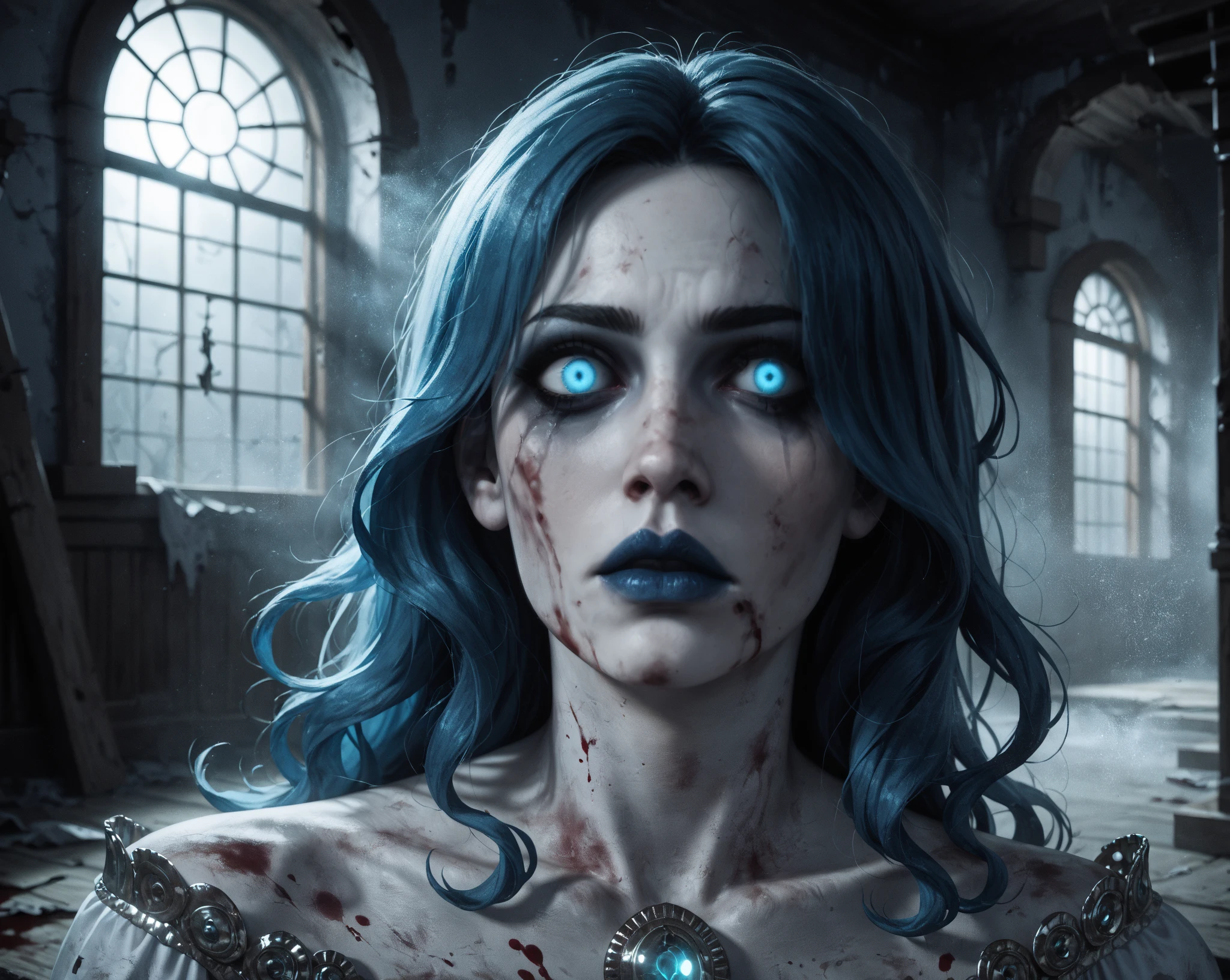 Woman with the appearance of neither old nor new, creepy gray hair ,gray round skirt ,lace blouse, gray lipstick ,black skin color, white eyesLong hair, blue hair,