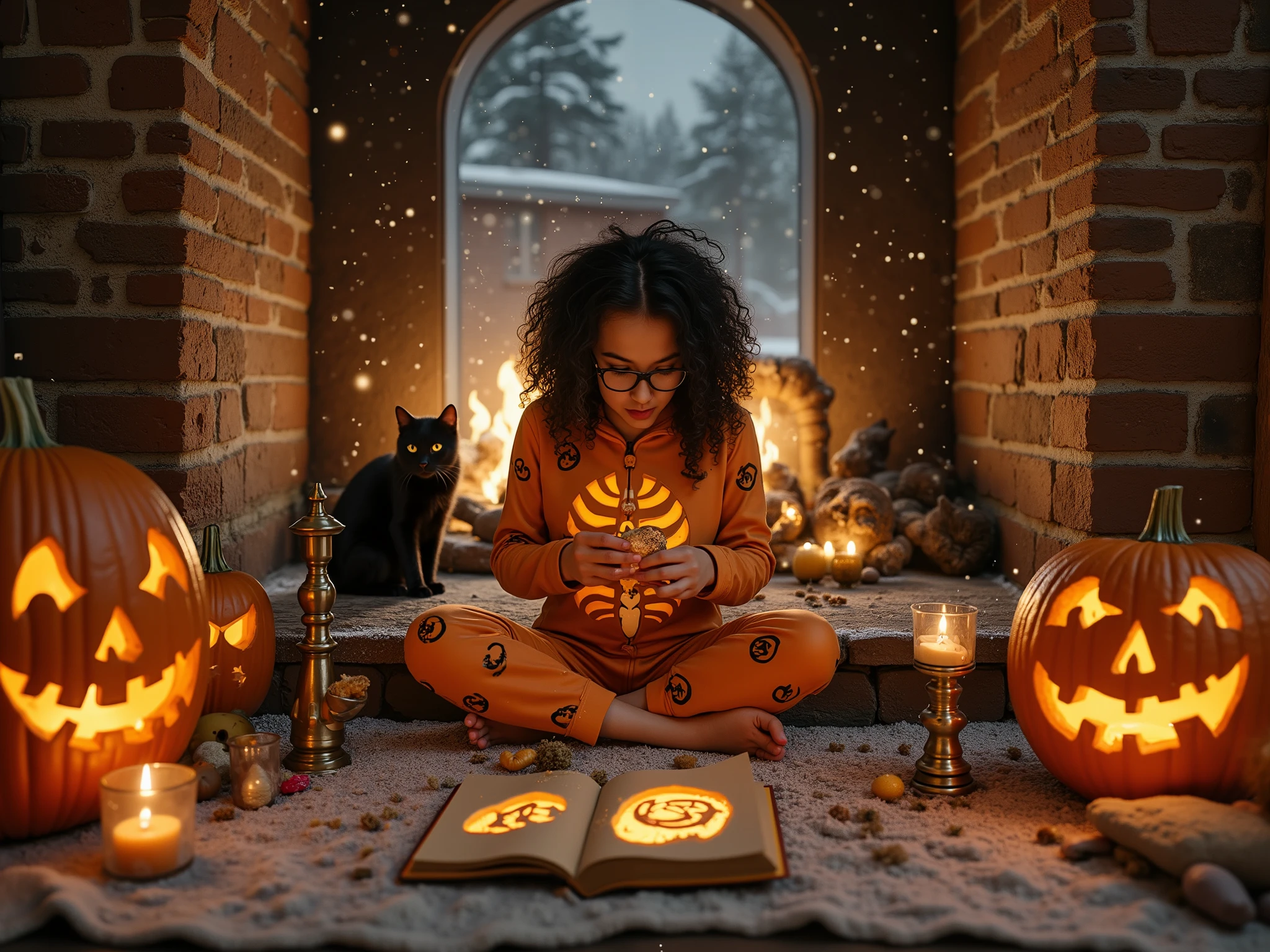 8K resolution, photorealistic, finely detailed, teenage girl with dark curly hair and glasses, wearing skeleton-patterned onesie pajamas, sitting on hearth of large brick fireplace during Halloween blizzard, carving pumpkin seeds into magical symbols as part of Halloween ritual with serious expression, firelight creating golden highlights on skin, surrounded by Halloween altar with candles, crystals, and small offerings, spell book open beside her, carved pumpkins of varying sizes arranged in semicircle, storm visible through frost-edged windows emphasizing isolation and coziness, black cat watching attentively from nearby pillow, atmosphere blending witchy Halloween practices with winter storm protection