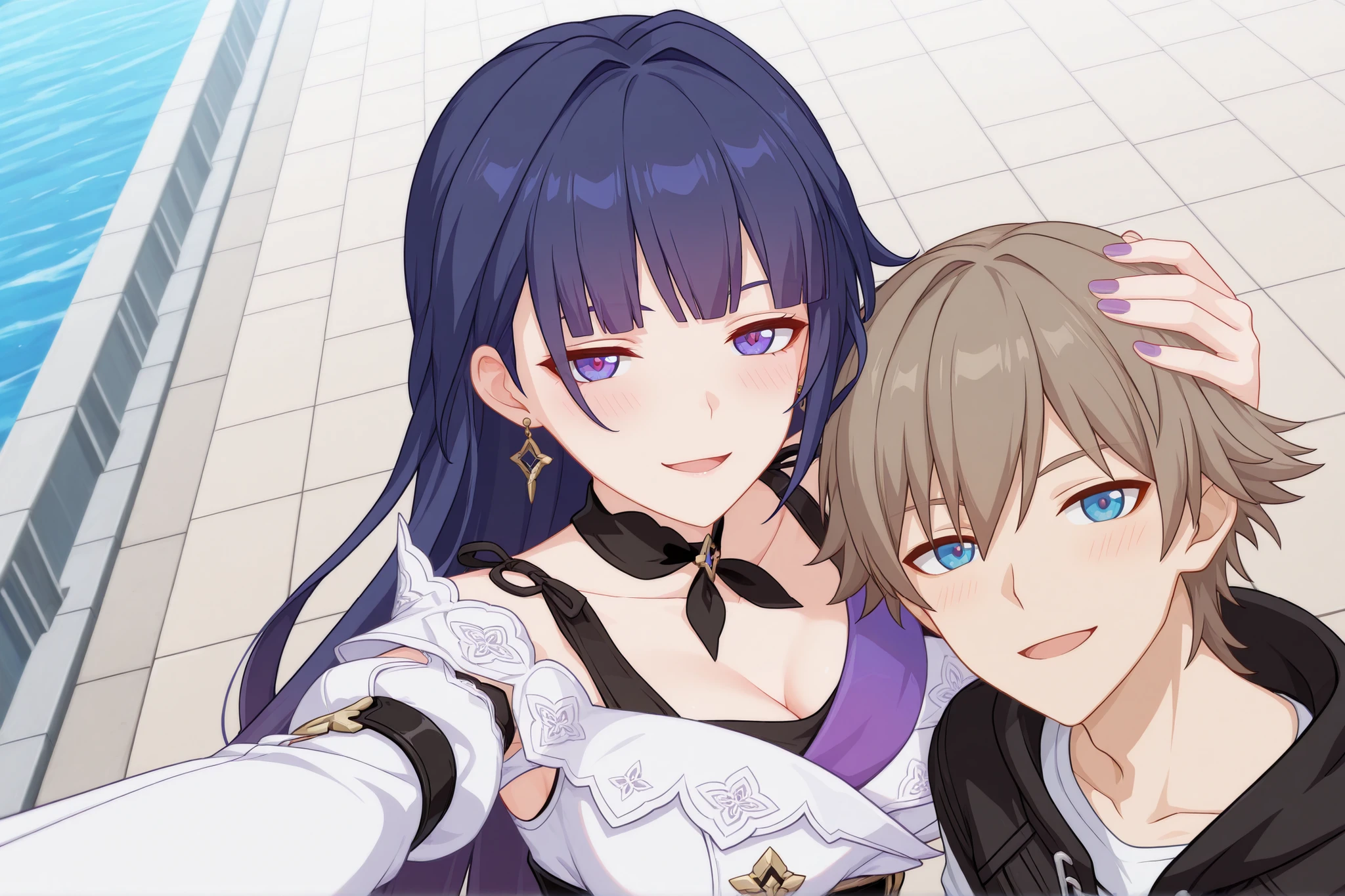 score_9, score_8_up, score_7_up, best quality, masterpiece, source_anime, anime coloring, Hair high revolution, anime screenshot style, Detailed eyes, Perfect eyes, good eyes, highter, honkai impact,
BREAK
1girl, (Raiden Mei Adult Version), large , best quality, amazing quality, very aesthetic, vivid colors, anime 3D CGI style, blush, 2boy, caelus, standing, open mouth, Harbor, outdoor, earrings, smug, bearded male, Idol clothes , selfie, Holding another's head, Purple Nail, looking at viewer,