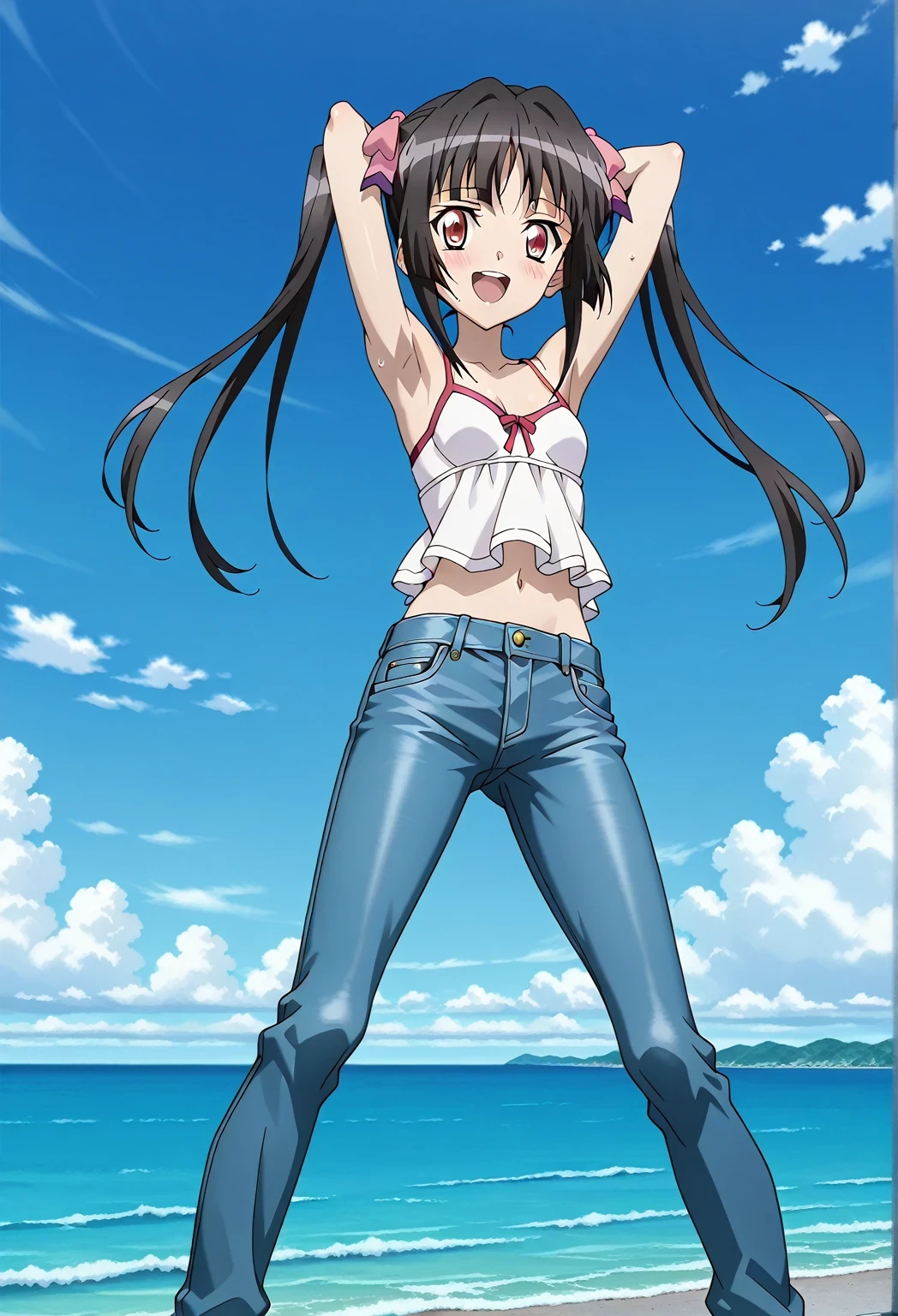 score_9, score_8_up, score_7_up, source_anime, highres, hi res, ((best quality, top quality, perfect quality, Highest Quality, amazing quality)), {{masterpiece}}, {{an extremely delicate and beautiful}}, 2d, intricate details, official style, anime, 8k, anime style, official_anime, official art, digital painting, cell shading, soft shading, high resolution, soothing tones, Subdued Color, Soft cinematic light, adobe lightroom, photolab, HDR, intricately and hyper-detailed, ((high quality animation)), 1 girl, Alone, solo, ((ocean)), tsunami, on the water, day, sunny, outdoors, sky, windy, Shirabe Tsukuyomi, Senki Zesshou Symphogear, twintails, Crimson eyes, black hair, long hair, anime screencap, small breasts, white camisole top, crop top, white crop top, best quality, hyper-detailed jeans, ((blue jeans:1.9)), (dark blue jeans:0.6), full medium body, medium shot, Open mouth, smiling, happy face, blush, sweat, standing, ((arms behind head:6.0)), ((perfect arm line:2.5)), elbows front, focusing  armpits, bowlegged, jumping pose, action, looking at viewer, spread legs, Bend knees slightly, straight-on front view