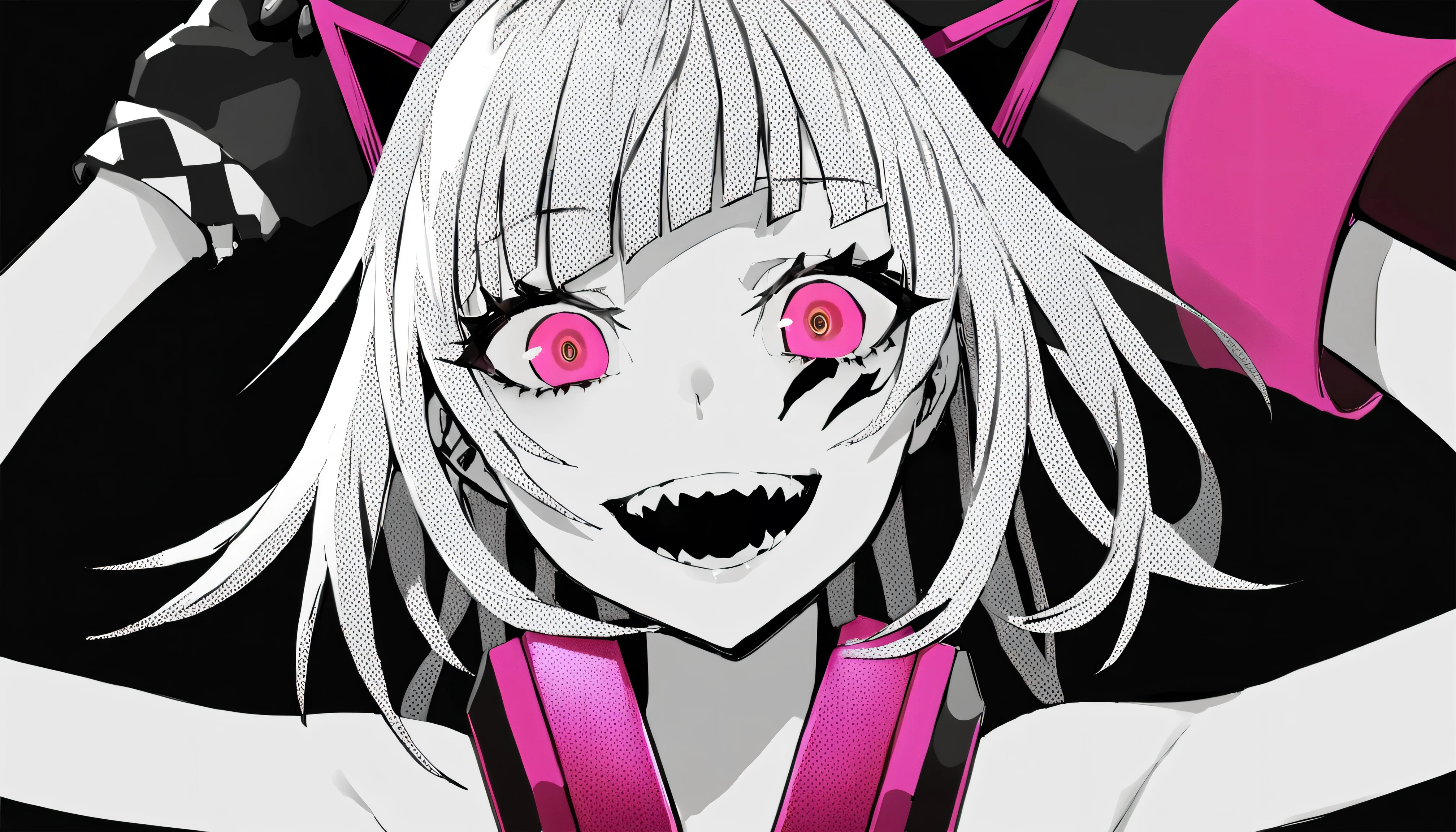  ((background is a nightclub))、masterpiece, Highest Quality, ((1 girl：The arrangement is centered)), (((background is a nightclub))、Spikes, ((solo)), headphones , Crazy smile, , spiked Color, Illness、monochrome, 色つきのheadphones around neck,yandere, Black background, Color, watching viewers, bare shoulder, Shining Crazy Pink Eyes,（hairstyle：Bedhead）、Gal、Bewitching and sexy punk rock outfits、tattoo on the face