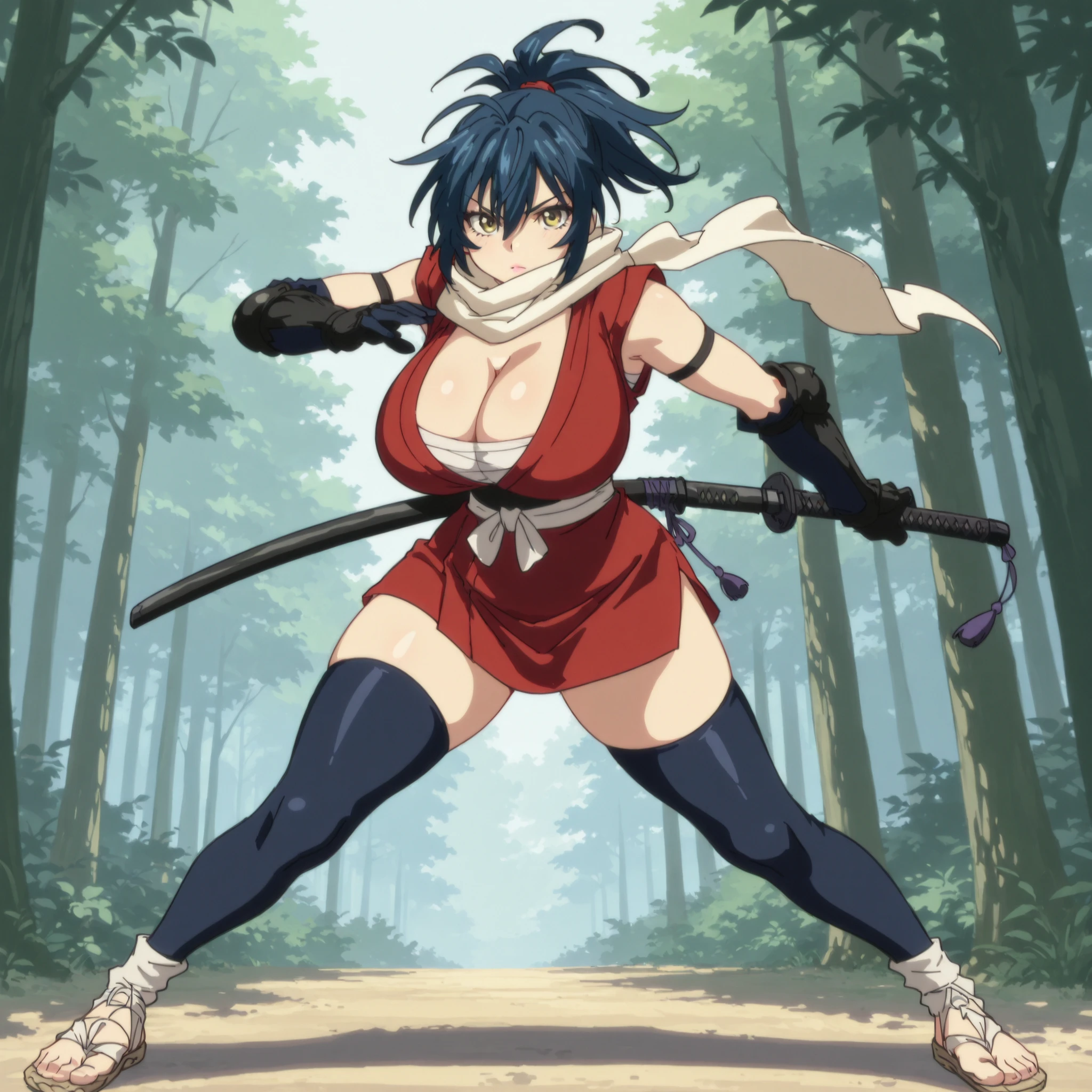masterpiece, ultra-HD, impressionism, high detail, best quality, very aesthetic, 8K, best quality, beautiful, ultra-high resolution, 32K UHD, sharp focus, 1girl, solo, Manyuu Chifusa, long blue hair, ponytail, yellow eyes, eyelashes, pink lips, , narrow waist, wide , thick thighs, shapely legs, slim, red kimono, sleeveless, cleavage,  bandages, shinobi sandals, white ribbon obi, black thigh high socks, white scarf, black gloves, blushed, serious, cute, holding a katana, dynamic pose, standing, full body, looking at the viewer, forest background, front view