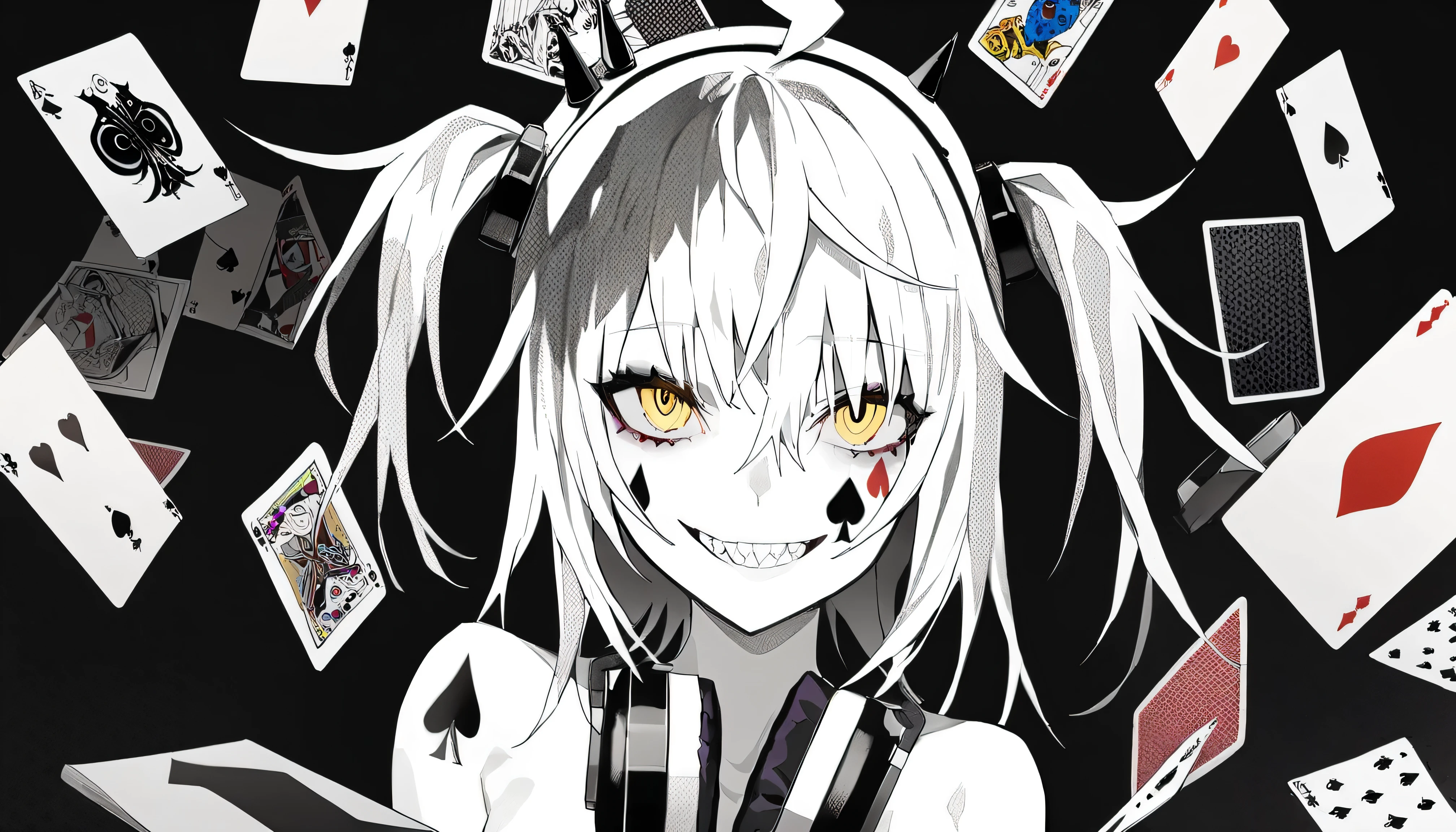((Background is scattered playing cards、Ace、Joker))、masterpiece, Highest Quality, ((1 girl:The arrangement is centered)), ((Background is scattered playing cards、Joker))、Spikes, ((solo)), headphones , Crazy smile, , spiked Color, Illness、monochrome, 色つきのheadphones around neck,yandere, Black background, Color, watching viewers, bare shoulder, Shining Crazy Yellow Eyes,(hairstyle:Bedhead)、Magician Outfit、tattoo on the face