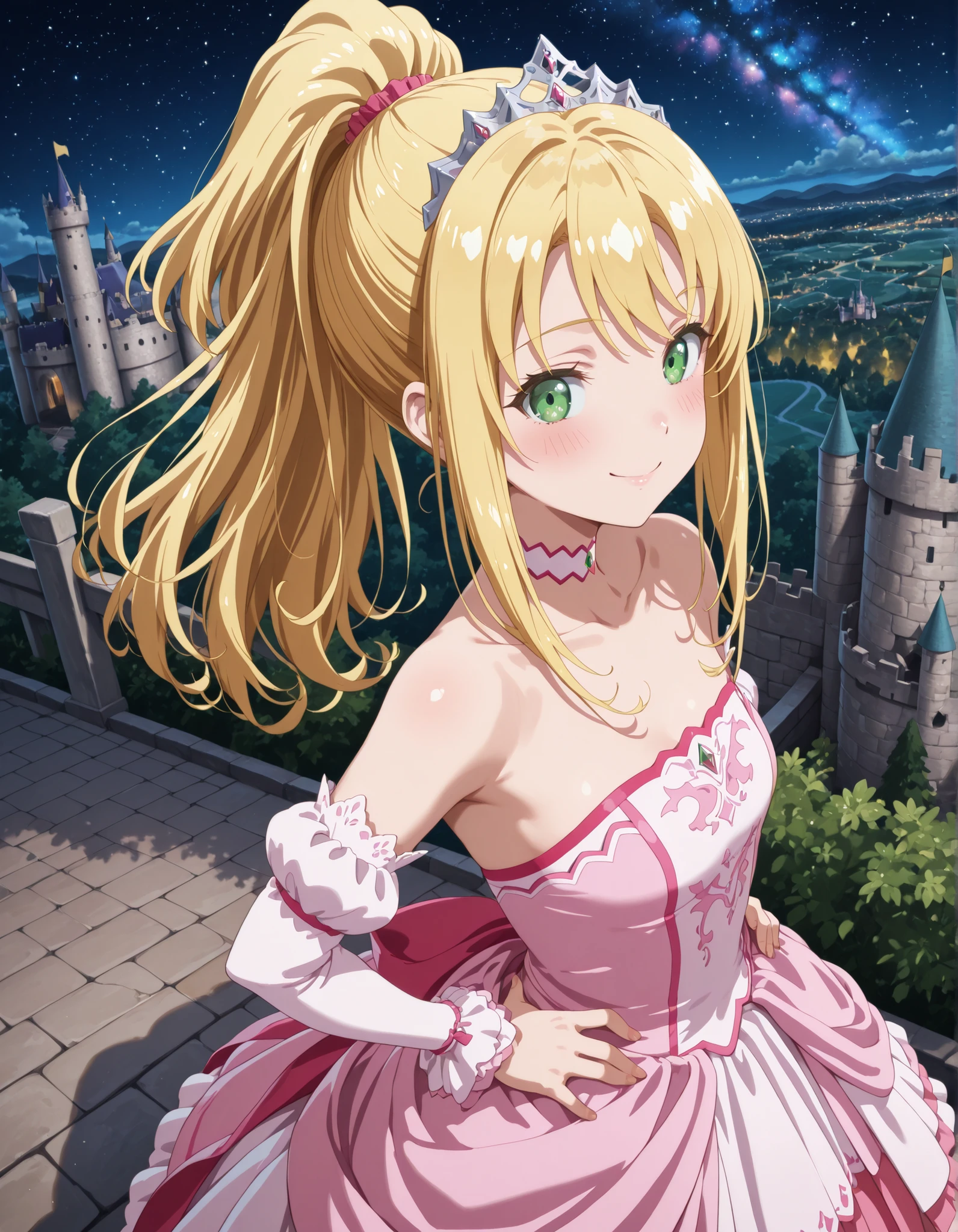1girl, solo, smile, looking at viewer, blurry background, from above, hand on own hips, smile, blush, ((liliana heiligh, blonde hair, long hair, ((ponytail)), green eyes, tiara, choker, bare shoulders, detached sleeves, pink dress, castle, )), outdoors, street, Dutch angle to the side, looking at viewer, smile, landscape,castle, cityscape, outdoors, nature, night, starry sky, galaxy