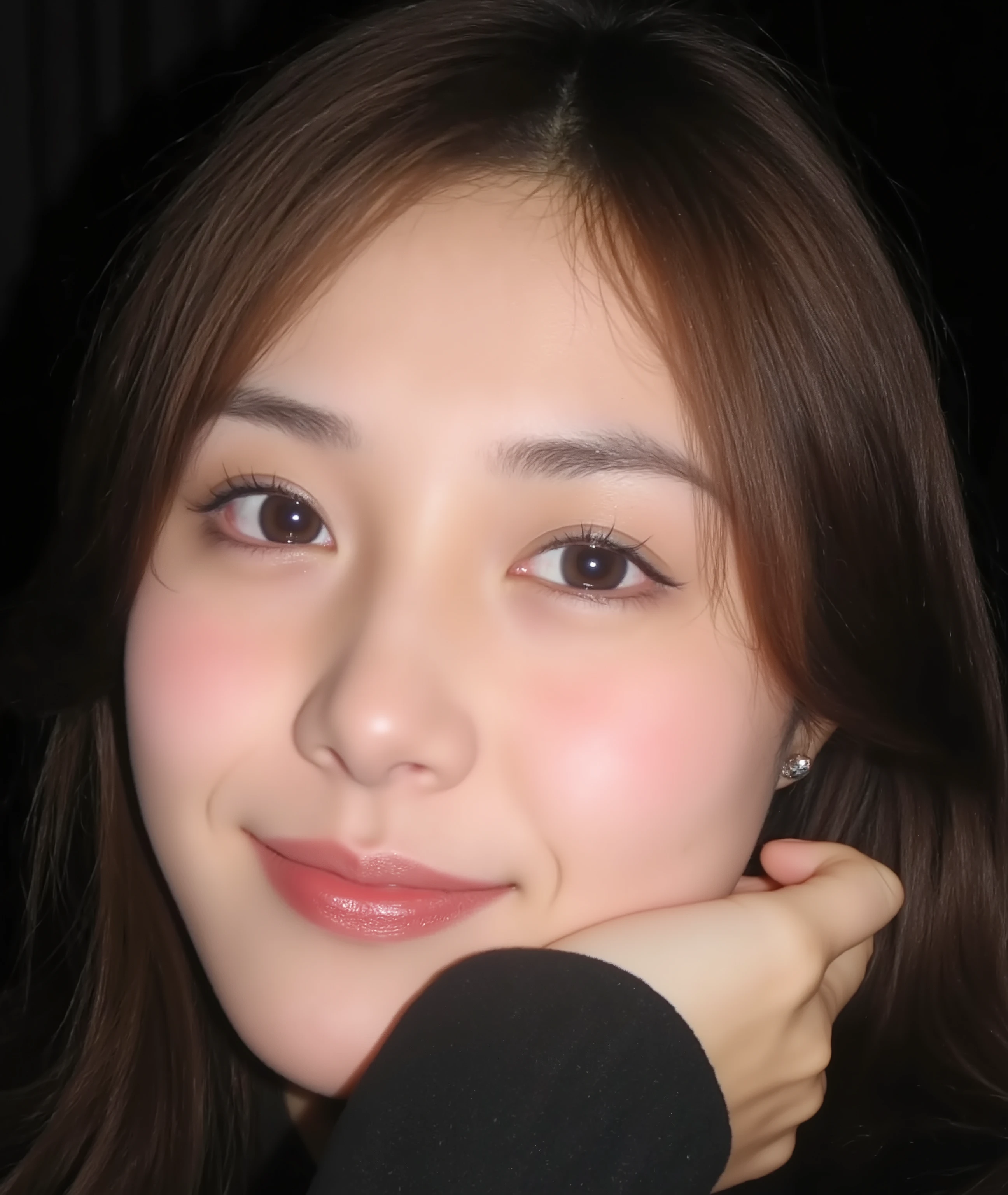 The image is a close-up photograph of a young Asian woman with a fair complexion. Her face dominates the frame, occupying the majority of the image, with her eyes, nose, and lips prominently visible. She has large, almond-shaped eyes with long, thick eyelashes, and her skin is smooth and soft. Her lips are full and slightly parted, revealing a natural, rosy hue. She wears a small silver stud earring in her left ear, adding a subtle touch of personal style.
Her hair is long, dark brown with subtle highlights, and it partially covers her forehead, giving a slightly tousled, casual look. The background is out of focus, but it appears to be a dark, possibly indoor setting, which emphasizes her face and provides a stark contrast to her light complexion. She is wearing a black garment, possibly a top or a sleeve, which is visible at the bottom of the image. The overall mood of the photograph is intimate and personal, capturing a candid moment with a natural, unfiltered aesthetic.