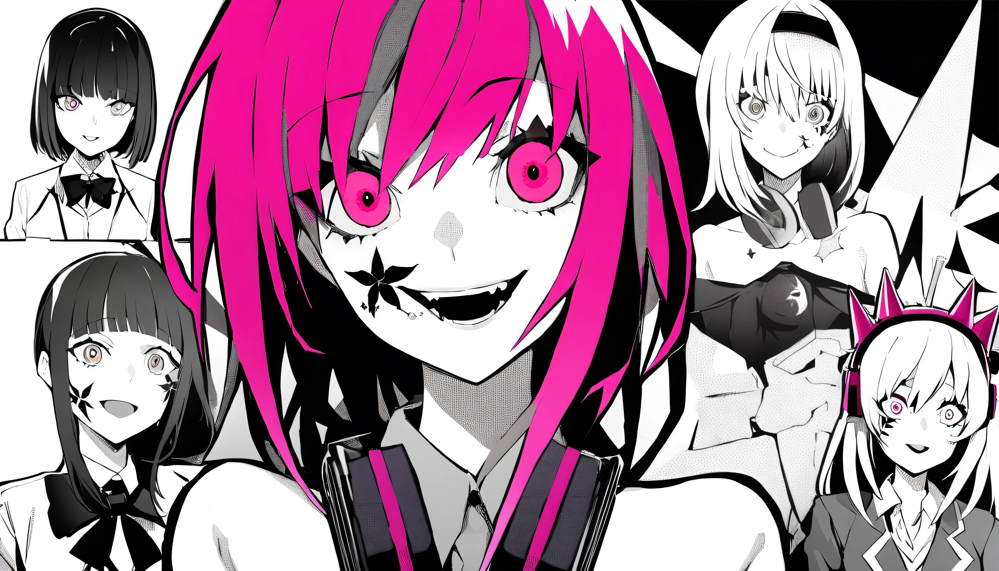  ((background is a school classroom))、masterpiece, Highest Quality, ((1 girl：The arrangement is centered)), (((background is a school classroom))、Spikes, ((solo)), headphones , Crazy smile, , spiked Color, Illness、monochrome, 色つきのheadphones around neck,yandere, Black background, Color, watching viewers, bare shoulder, Shining Crazy Pink Eyes,（hairstyle：Bedhead）、Gal、school uniform、tattoo on the face