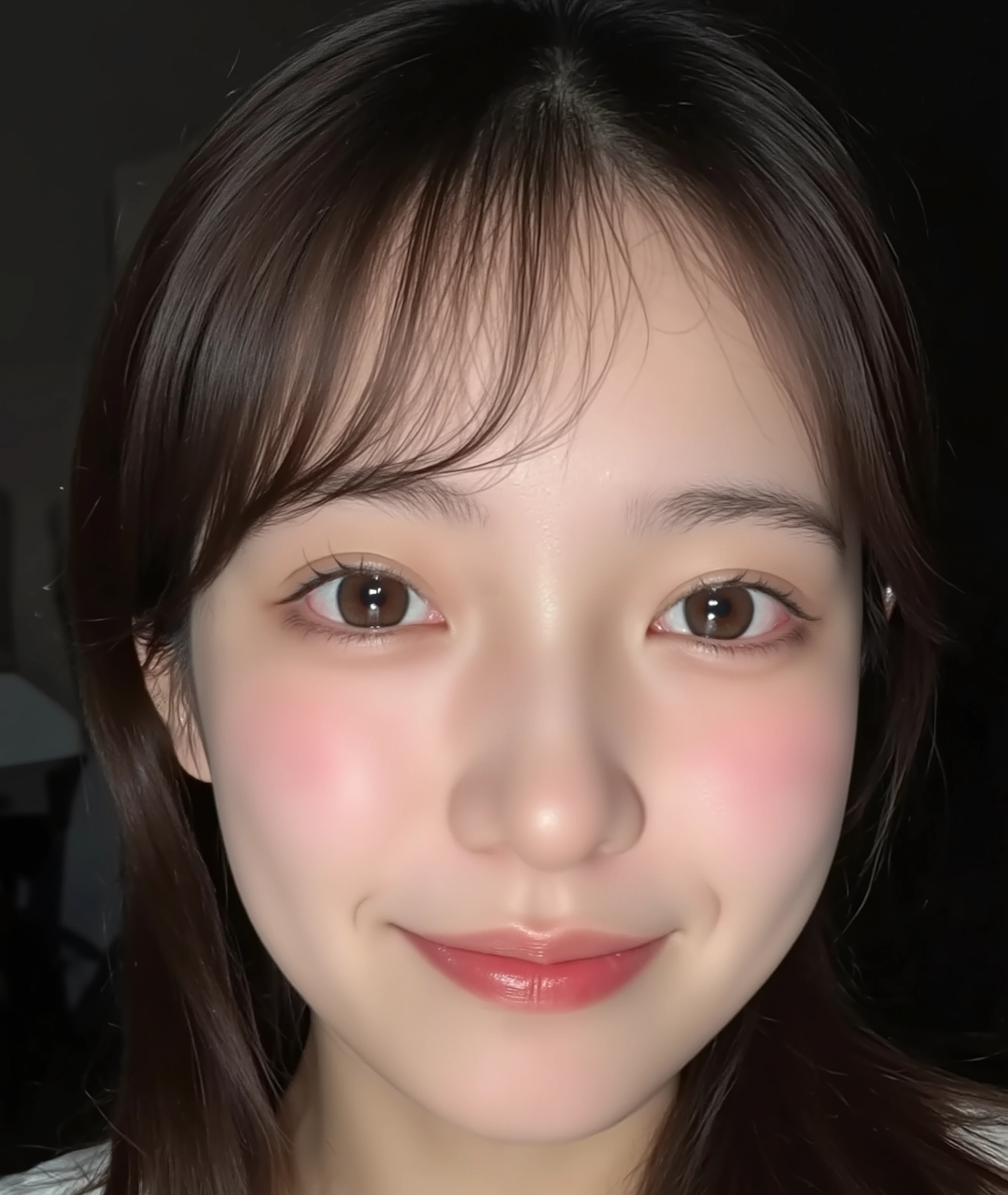 The image is a close-up photograph of a young Asian woman with a fair complexion. Her face dominates the frame, occupying the majority of the image, with her eyes, nose, and lips prominently visible. She has large, almond-shaped eyes with long, thick eyelashes, and her skin is smooth and soft. Her lips are full and slightly parted, revealing a natural, rosy hue. She wears a small silver stud earring in her left ear, adding a subtle touch of personal style.

Her hair is long, dark brown with subtle highlights, and it partially covers her forehead, giving a slightly tousled, casual look. The background is out of focus, but it appears to be a dark, possibly indoor setting, which emphasizes her face and provides a stark contrast to her light complexion. She is wearing a black garment, possibly a top or a sleeve, which is visible at the bottom of the image. The overall mood of the photograph is intimate and personal, capturing a candid moment with a natural, unfiltered aesthetic.