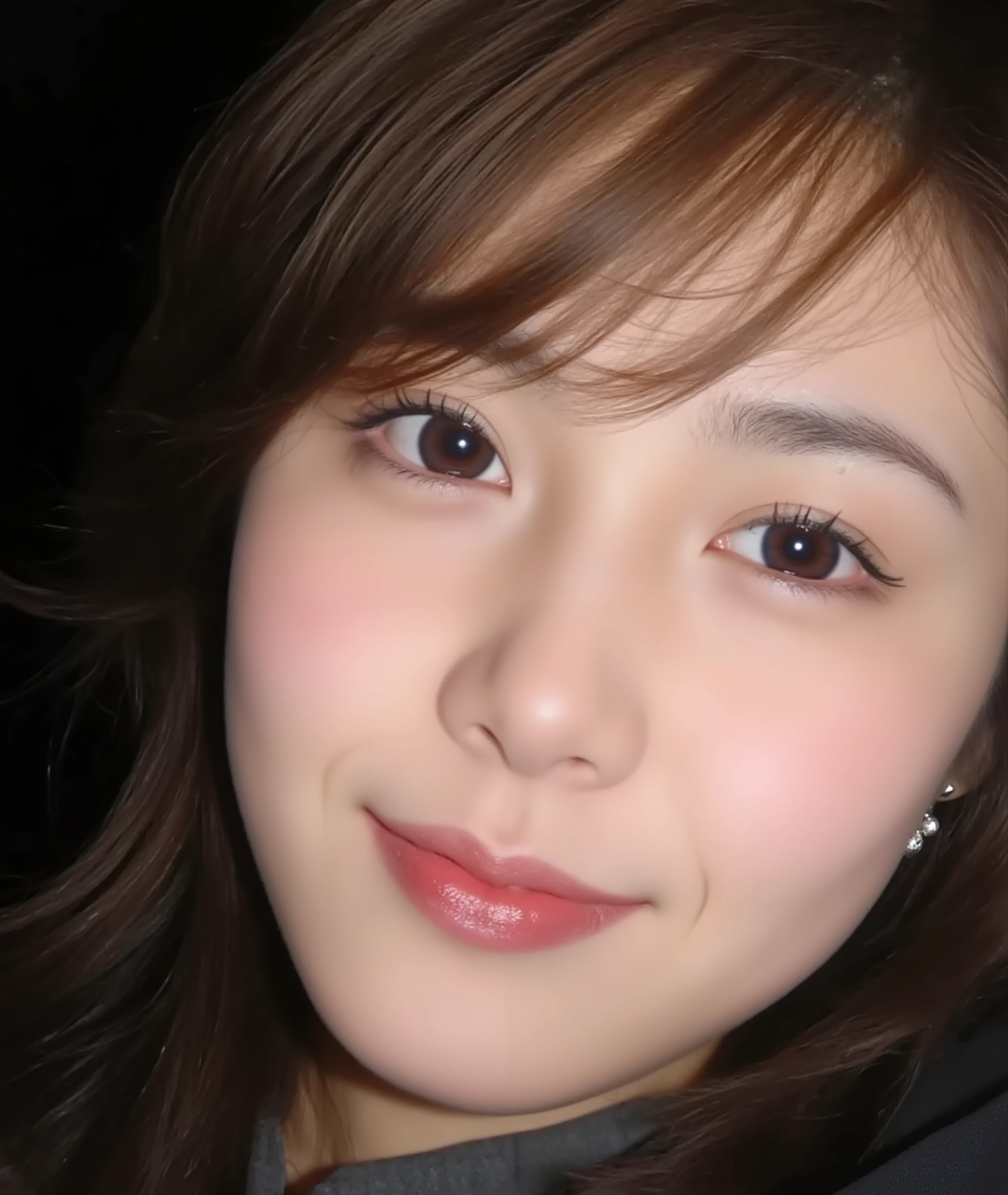 The image is a close-up photograph of a young Asian woman with a fair complexion. Her face dominates the frame, occupying the majority of the image, with her eyes, nose, and lips prominently visible. She has large, almond-shaped eyes with long, thick eyelashes, and her skin is smooth and soft. Her lips are full and slightly parted, revealing a natural, rosy hue. She wears a small silver stud earring in her left ear, adding a subtle touch of personal style.
Her hair is long, dark brown with subtle highlights, and it partially covers her forehead, giving a slightly tousled, casual look. The background is out of focus, but it appears to be a dark, possibly indoor setting, which emphasizes her face and provides a stark contrast to her light complexion. She is wearing a black garment, possibly a top or a sleeve, which is visible at the bottom of the image. The overall mood of the photograph is intimate and personal, capturing a candid moment with a natural, unfiltered aesthetic.