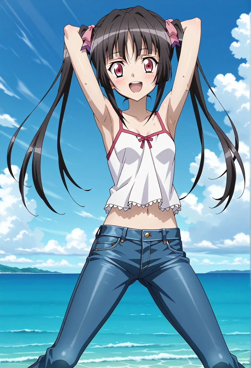 score_9, score_8_up, score_7_up, source_anime, highres, hi res, ((best quality, top quality, perfect quality, Highest Quality, amazing quality)), {{masterpiece}}, {{an extremely delicate and beautiful}}, 2d, intricate details, official style, anime, 8k, anime style, official_anime, official art, digital painting, cell shading, soft shading, high resolution, soothing tones, Subdued Color, Soft cinematic light, adobe lightroom, photolab, HDR, intricately and hyper-detailed, ((high quality animation)), 1 girl, Alone, solo, ((ocean)), tsunami, on the water, day, sunny, outdoors, sky, windy, Shirabe Tsukuyomi, Senki Zesshou Symphogear, twintails, Crimson eyes, black hair, long hair, anime screencap, small breasts, white camisole top, crop top, white crop top, best quality, hyper-detailed jeans, ((blue jeans:1.9)), (dark blue jeans:0.6), full medium body, medium shot, Open mouth, smiling, happy face, blush, sweat, standing, ((arms behind head:6.0)), ((perfect arm line:2.5)), ((Bend elbows completely:2.5)), focusing armpits, bowlegged, jumping pose, action, looking at viewer, spread legs, Bend knees slightly, straight-on front view