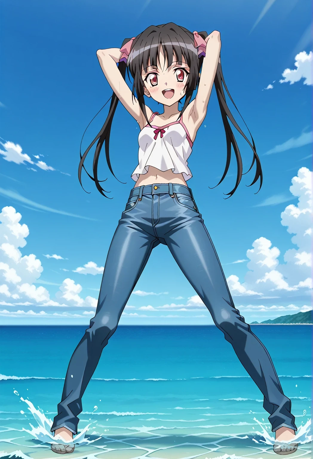 score_9, score_8_up, score_7_up, source_anime, highres, hi res, ((best quality, top quality, perfect quality, Highest Quality, amazing quality)), {{masterpiece}}, {{an extremely delicate and beautiful}}, 2d, intricate details, official style, anime, 8k, anime style, official_anime, official art, digital painting, cell shading, soft shading, high resolution, soothing tones, Subdued Color, Soft cinematic light, adobe lightroom, photolab, HDR, intricately and hyper-detailed, ((high quality animation)), 1 girl, Alone, solo, ((ocean)), tsunami, on the water, day, sunny, outdoors, sky, windy, Shirabe Tsukuyomi, Senki Zesshou Symphogear, twintails, Crimson eyes, black hair, long hair, anime screencap, small breasts, white camisole top, crop top, white crop top, best quality, hyper-detailed jeans, ((blue jeans:1.9)), (dark blue jeans:0.6), full medium body, medium shot, Open mouth, smiling, happy face, blush, sweat, standing, ((arms behind head:6.0)), ((perfect arm line:2.5)), ((Bend elbows completely:2.5)), focusing armpits, bowlegged, jumping pose, action, looking at viewer, spread legs, Bend knees slightly, straight-on front view
