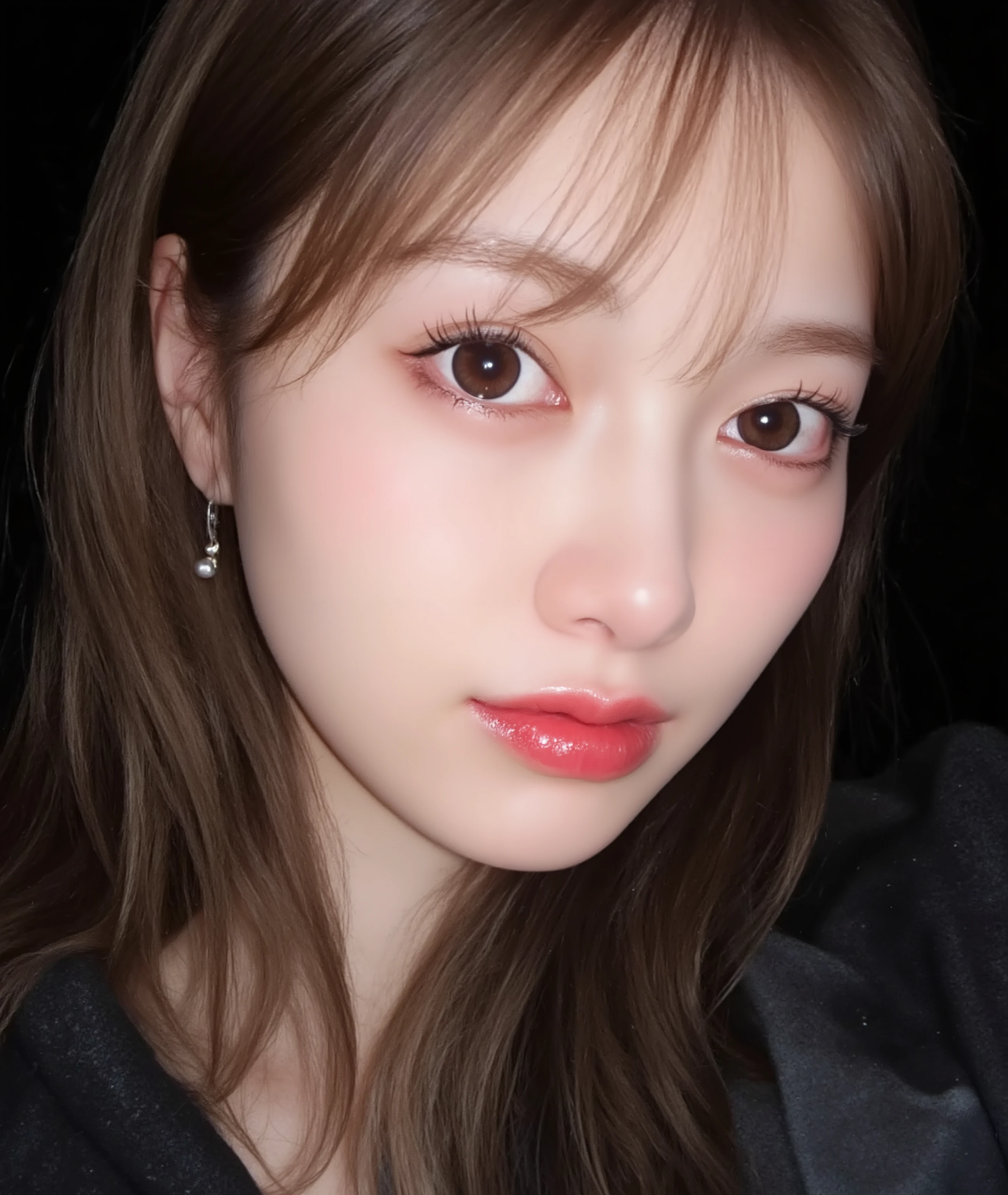 The image is a close-up photograph of a young Asian woman with a fair complexion. Her face dominates the frame, occupying the majority of the image, with her eyes, nose, and lips prominently visible. She has large, almond-shaped eyes with long, thick eyelashes, and her skin is smooth and soft. Her lips are full and slightly parted, revealing a natural, rosy hue. She wears a small silver stud earring in her left ear, adding a subtle touch of personal style.
Her hair is long, dark brown with subtle highlights, and it partially covers her forehead, giving a slightly tousled, casual look. The background is out of focus, but it appears to be a dark, possibly indoor setting, which emphasizes her face and provides a stark contrast to her light complexion. She is wearing a black garment, possibly a top or a sleeve, which is visible at the bottom of the image. The overall mood of the photograph is intimate and personal, capturing a candid moment with a natural, unfiltered aesthetic.