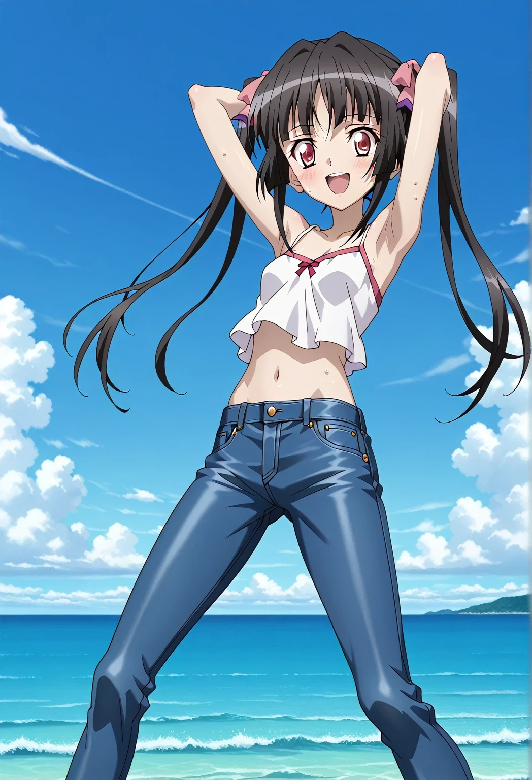 score_9, score_8_up, score_7_up, source_anime, highres, hi res, ((best quality, top quality, perfect quality, Highest Quality, amazing quality)), {{masterpiece}}, {{an extremely delicate and beautiful}}, 2d, intricate details, official style, anime, 8k, anime style, official_anime, official art, digital painting, cell shading, soft shading, high resolution, soothing tones, Subdued Color, Soft cinematic light, adobe lightroom, photolab, HDR, intricately and hyper-detailed, ((high quality animation)), 1 girl, Alone, solo, ((ocean)), tsunami, on the water, day, sunny, outdoors, sky, windy, Shirabe Tsukuyomi, Senki Zesshou Symphogear, twintails, Crimson eyes, black hair, long hair, anime screencap, small breasts, white camisole top, crop top, white crop top, best quality, hyper-detailed jeans, ((blue jeans:1.9)), (dark blue jeans:0.6), full medium body, medium shot, Open mouth, smiling, happy face, blush, sweat, standing, ((arms behind head:6.0)), ((perfect arm line:2.5)), ((Bend elbows completely:2.5)), focusing armpits, bowlegged, jumping pose, action, looking at viewer, spread legs, Bend knees slightly, straight-on front view