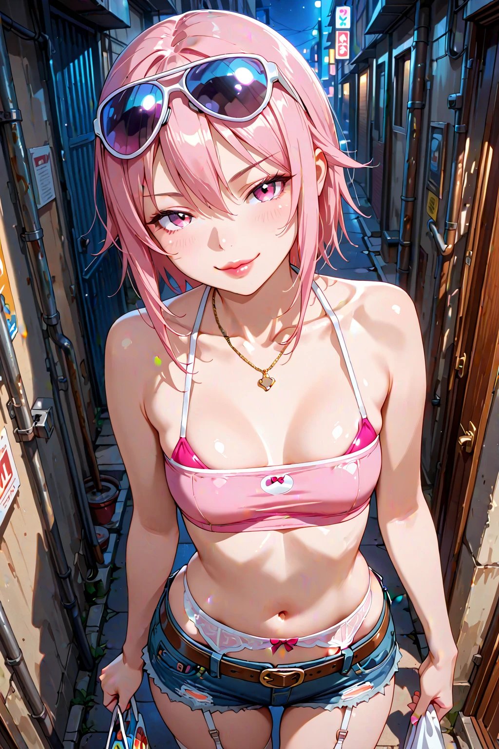 M-shaped spread legs、Pink Hair、Under both ears２Three-bun hairstyle、Swimwear、Blushing、Pink Bikini、Random erotic poses、locker room、Spread your legs、Glamorous expression、M-shaped spread legs