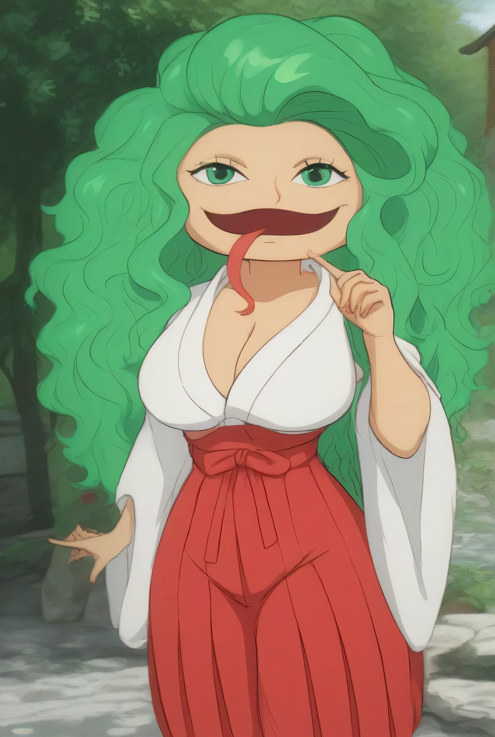 score_9 , score_8_up , score_7_up , masterpiece , best quality , highly detailed, BoaSandersoniaOP, 1girl, solo, tall woman, disproportionately large head, wide head, green hair, long hair, wavy hair, green eyes, wide mouth, long forked tongue, tongue out, huge boobs, big busty boobs, large breast, jyojifuku, miko,red hakama, In front of the Shrine , Outdoors, sunny day