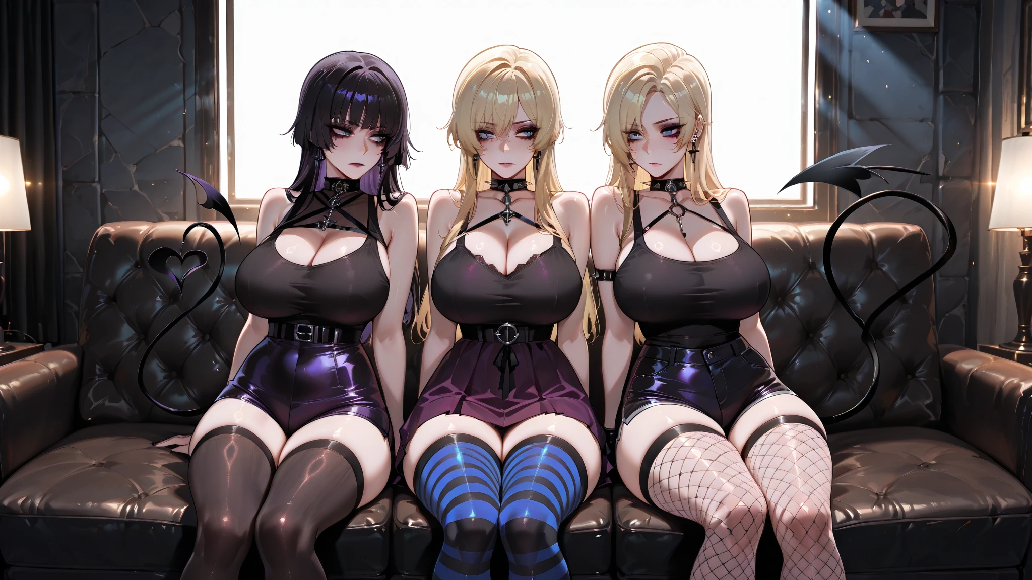 3girls, multiple girls, slender girls, GirlA, GirlB, girl next to girl, cowboy shot, , backturn, , hugging, 
posing, happy smile, teeth, ((sitting down)), stage, 
earrings, necklace, bracelet, lipstick, 
4k, masterpiece, top-quality, hi-Res, best quality, absurdres, highly detailed, 
BREAK, GirlA, young, doll face, 
pixie-cut, ears on view, round glasses, 
(:1.2), symmetrical , black leather , string , black leather long gloves, black leather long boots, 