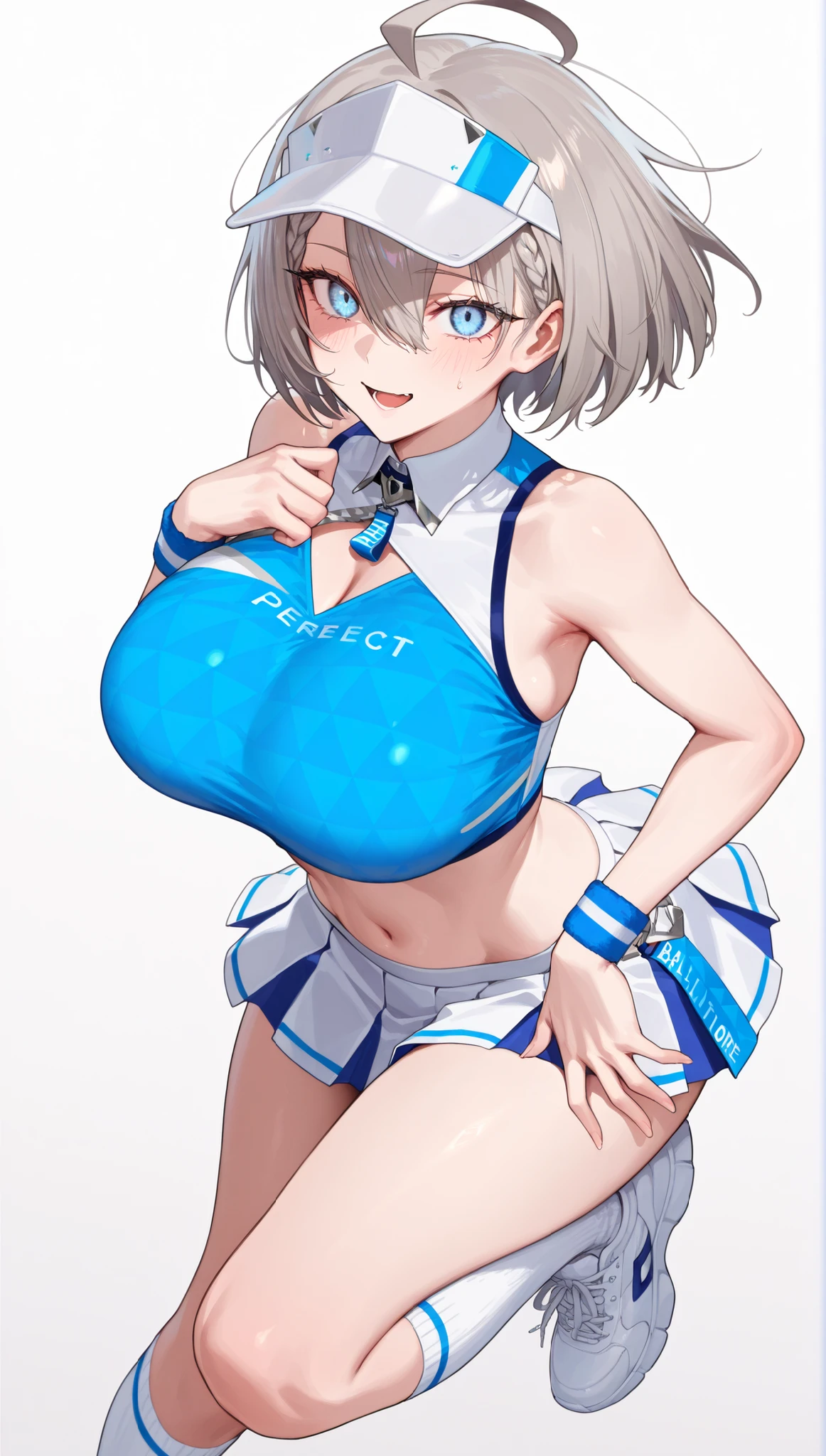 1girl, solo, anime girl, elegant, badass, baltimore, masterpiece, very aesthetic, grey hair, ahoge, short hair, french braid, hair between eyes, bob cut, light blue eyes, sharp eye outlines, long eyelashes, excited expression, looking at viewer, big breasts, curvy body, cheer leader outfit, blue crop top, short pleated skirt, white skirt, white visor cap, white knee socks, blue wristband, white sneakers, simple background, soft skin, volume light, depth of field, high detail, highres, ultra-detailed, detailed face, (detailed eyes), (perfect eyes), perfect composition, intricate details, detailed and polished anime style, (detailed hand), (perfect hand), 4K, 8K