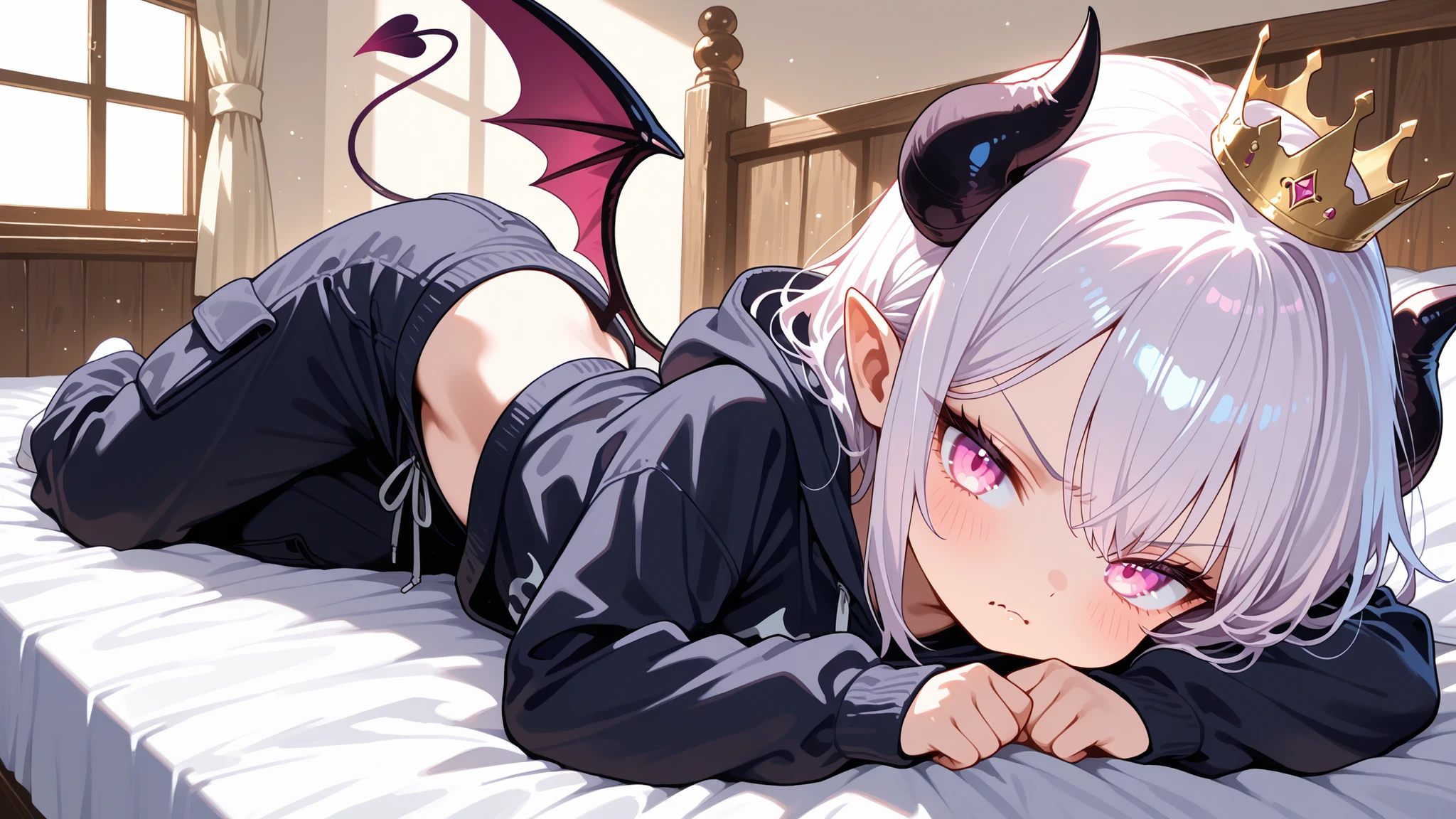 (Masterpiece), (Super high quality), 32K, (Beautiful illustration), (Super detailed), (Fine rendering), Very detailed, whimsical, cool, little character beautiful boy, solo, shota, silvery white hair, light pink eyes, little devil hoodie, black oversized hoodie, loose cargo pants, grumpy expression, Succubus horns, succubus wings, succubus tail, on bed, Discreet crown, Completely unpatterned clothing