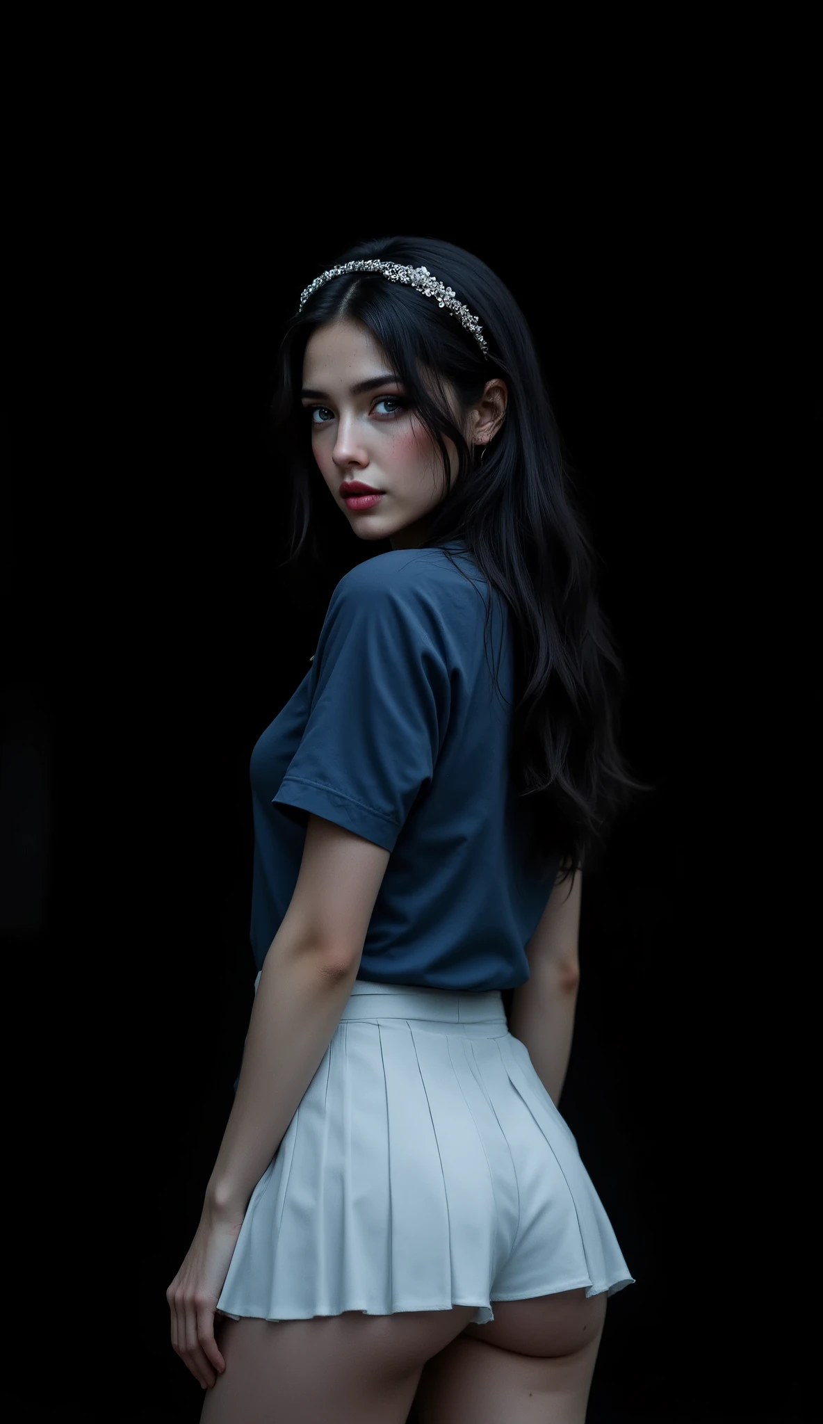 black hair, long hair, blue eyes, body freckles, eyeliner, black eyeshadow, hairband, black background,
1girl, solo,
from behind, ass, white pleated skirt, short skirt, panties, butt,
blue shirt, short sleeves,
looking back