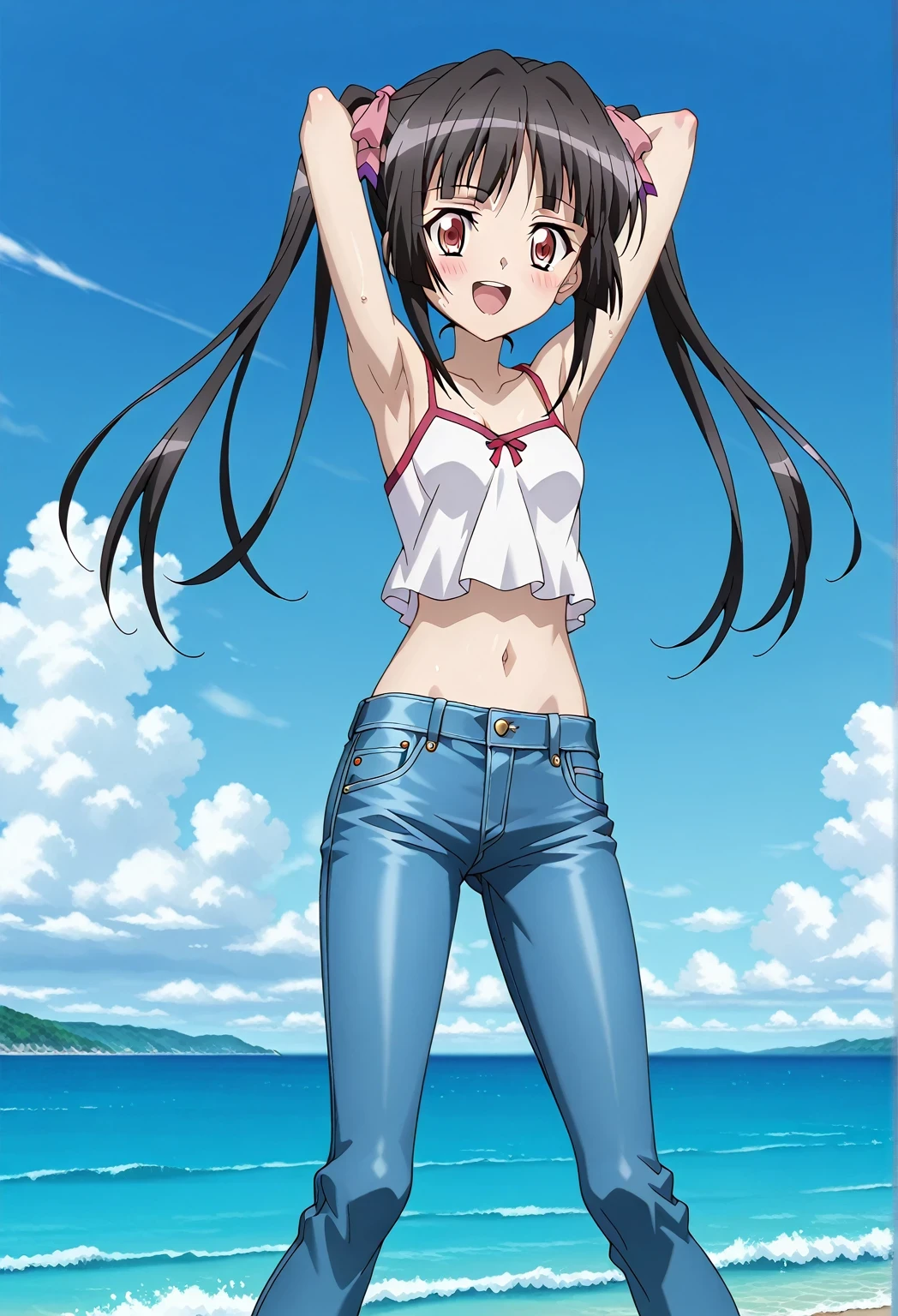 score_9, score_8_up, score_7_up, source_anime, highres, hi res, ((best quality, top quality, perfect quality, Highest Quality, amazing quality)), {{masterpiece}}, {{an extremely delicate and beautiful}}, 2d, intricate details, official style, anime, 8k, anime style, official_anime, official art, digital painting, cell shading, soft shading, high resolution, soothing tones, Subdued Color, Soft cinematic light, adobe lightroom, photolab, HDR, intricately and hyper-detailed, ((high quality animation)), 1 girl, Alone, solo, ((ocean)), tsunami, on the water, day, sunny, outdoors, sky, windy, Shirabe Tsukuyomi, Senki Zesshou Symphogear, twintails, Crimson eyes, black hair, long hair, anime screencap, small breasts, white camisole top, crop top, white crop top, best quality, hyper-detailed jeans, ((blue jeans:1.9)), (dark blue jeans:0.6), full medium body, medium shot, Open mouth, smiling, happy face, blush, sweat, standing, ((arms behind head:6.0)), ((hands behind neck:6.0)), focusing armpits, bowlegged, jumping pose, action, looking at viewer, spread legs, Bend knees slightly, straight-on front view