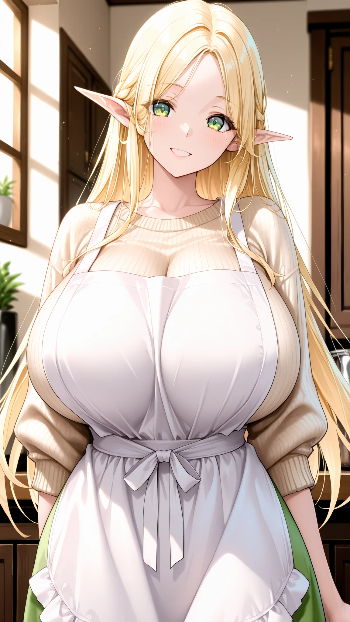 1 girl, elf, blonde, green eyes, giant , casual clothes, sweater, apron, looking at viewer, looking at viewer, happy, highres