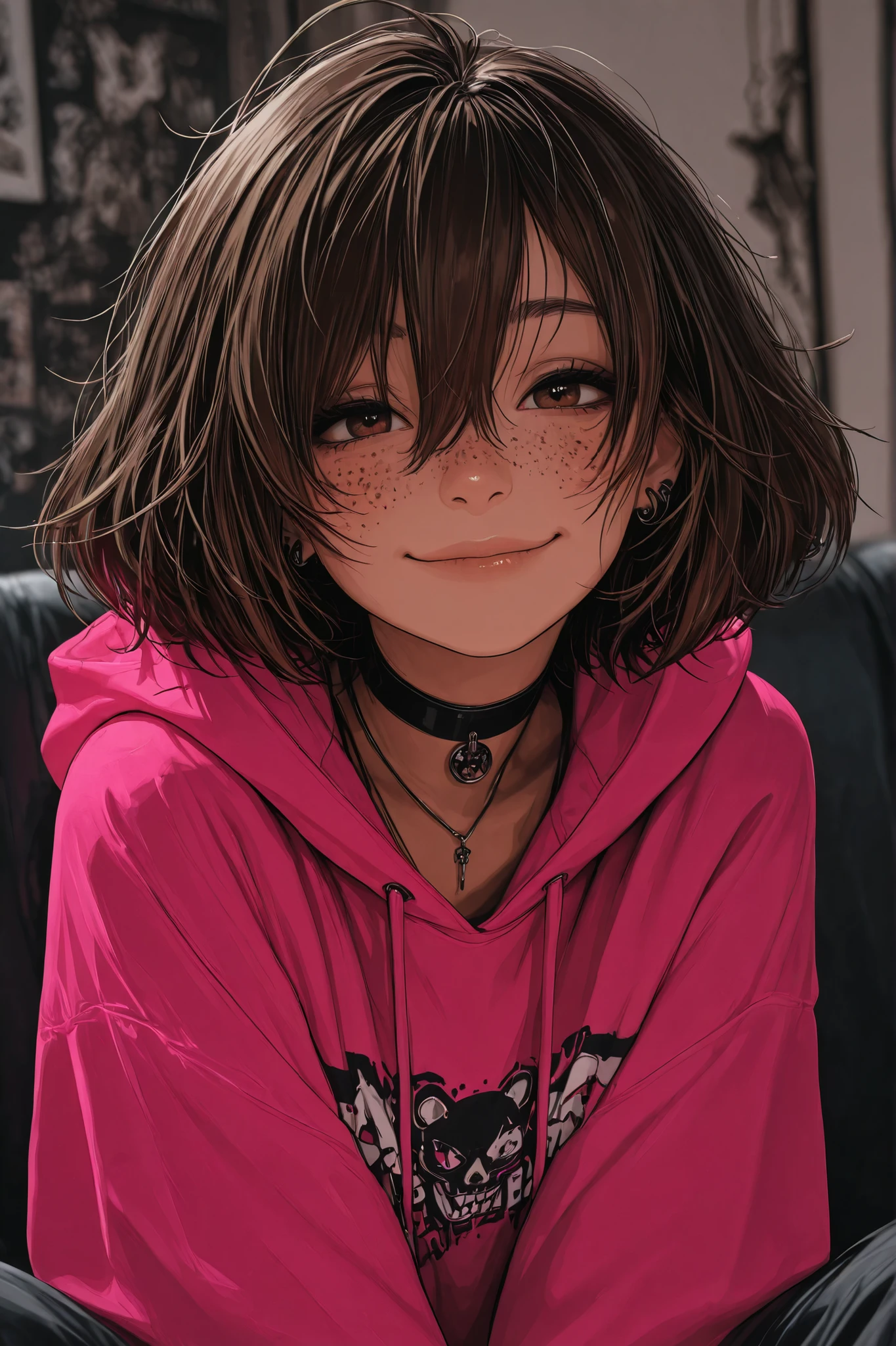 VH3S, NijiDetl, (masterpiece:1.2) ,(ultra quality:1.3) ,(highly detailed), detail face, detail skin, 1girl,, solo, brown hair, hood, hoodie, smile, choker, looking at viewer, short hair, brown eyes, black choker, hair between eyes, jewelry, red hoodie, hood down, long sleeves, piercing, pink hoodie, ear piercing, sitting,
