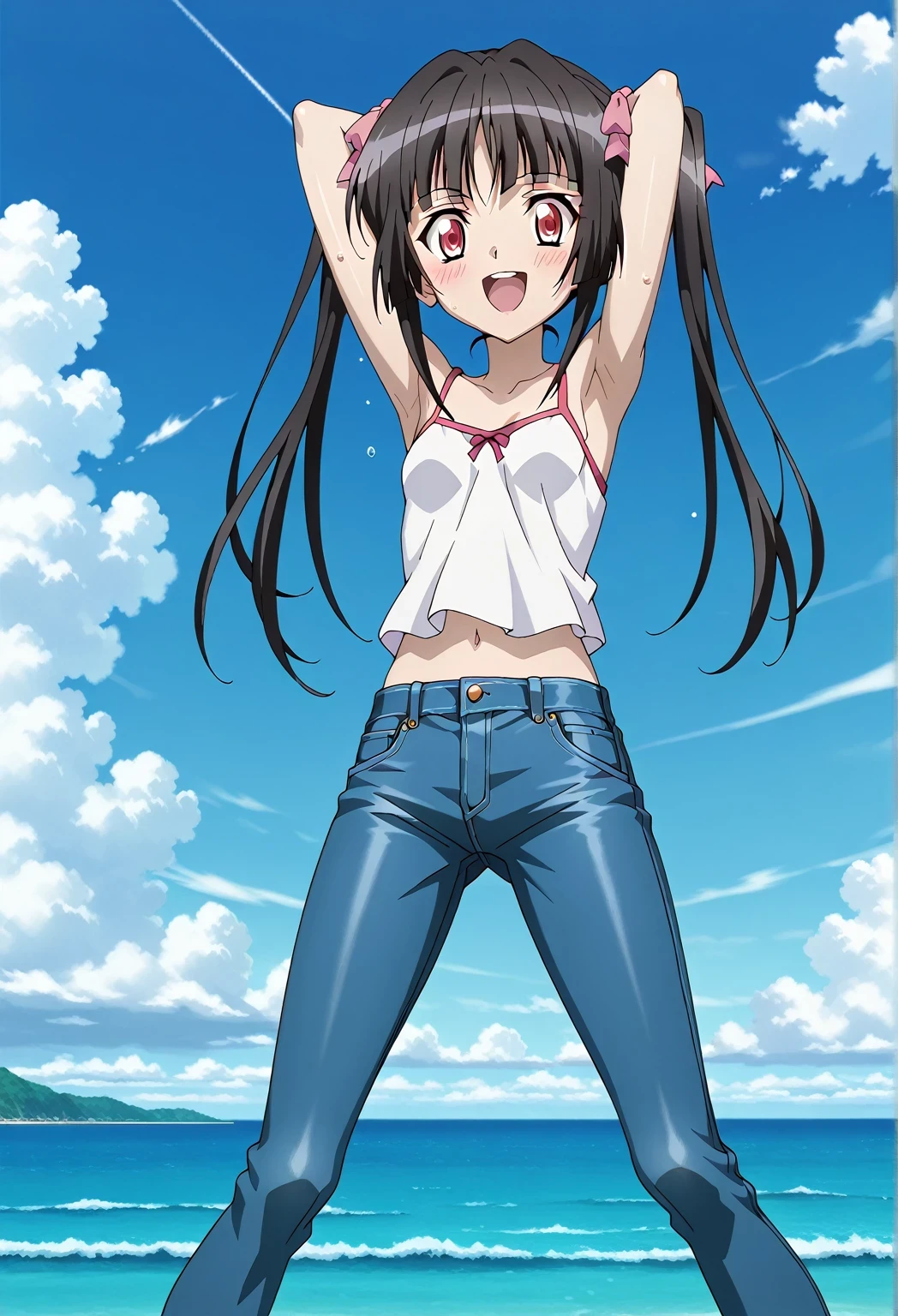 score_9, score_8_up, score_7_up, source_anime, highres, hi res, ((best quality, top quality, perfect quality, Highest Quality, amazing quality)), {{masterpiece}}, {{an extremely delicate and beautiful}}, 2d, intricate details, official style, anime, 8k, anime style, official_anime, official art, digital painting, cell shading, soft shading, high resolution, soothing tones, Subdued Color, Soft cinematic light, adobe lightroom, photolab, HDR, intricately and hyper-detailed, ((high quality animation)), 1 girl, Alone, solo, ((ocean)), tsunami, on the water, day, sunny, outdoors, sky, windy, Shirabe Tsukuyomi, Senki Zesshou Symphogear, twintails, Crimson eyes, black hair, long hair, anime screencap, small breasts, white camisole top, crop top, white crop top, best quality, hyper-detailed jeans, ((blue jeans:1.9)), (dark blue jeans:0.6), full medium body, medium shot, Open mouth, smiling, happy face, blush, sweat, standing, ((arms behind head:6.0)), ((hands behind neck:6.0)), focusing armpits, bowlegged, jumping pose, action, looking at viewer, spread legs, Bend knees slightly, straight-on front view